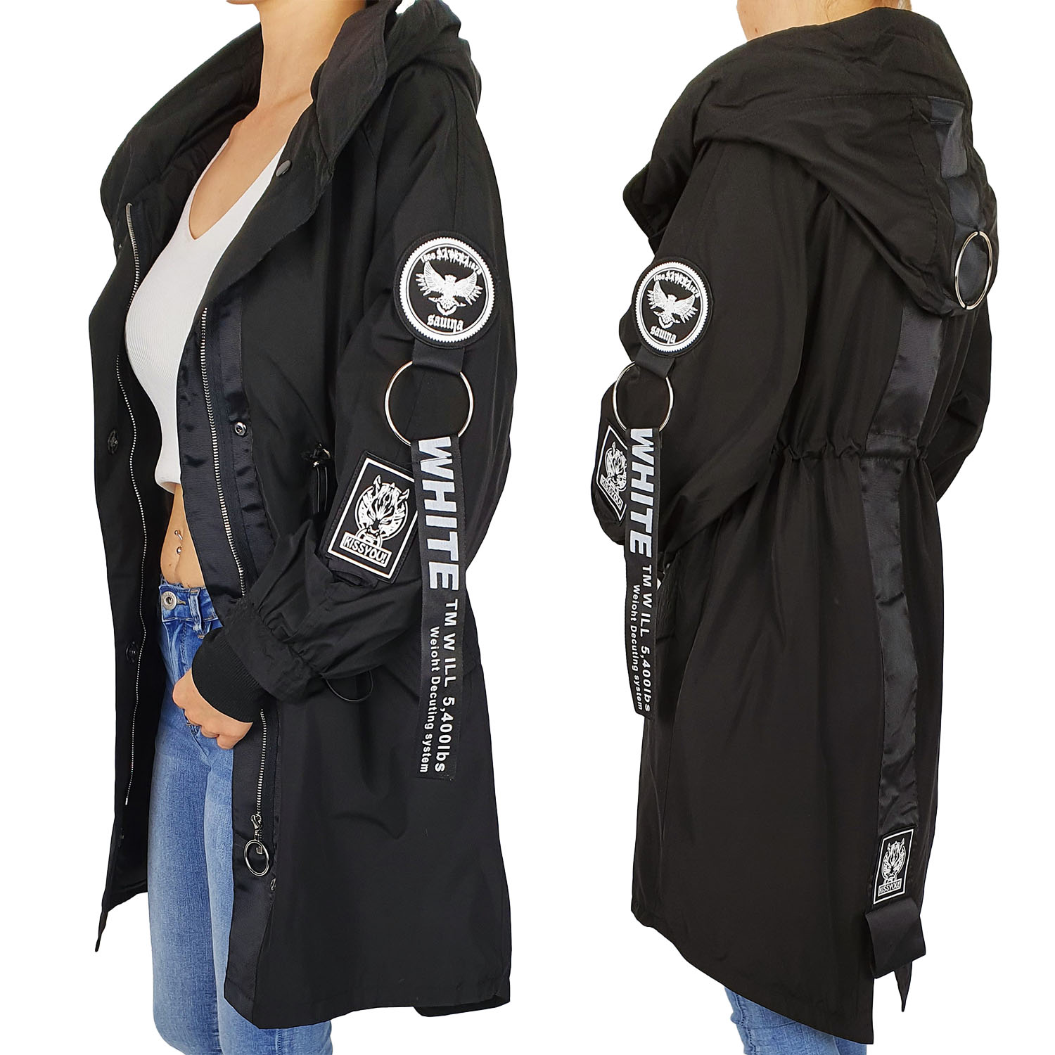 #vynikající Dámská Dlouhá Bunda Parka Kapuce Black#