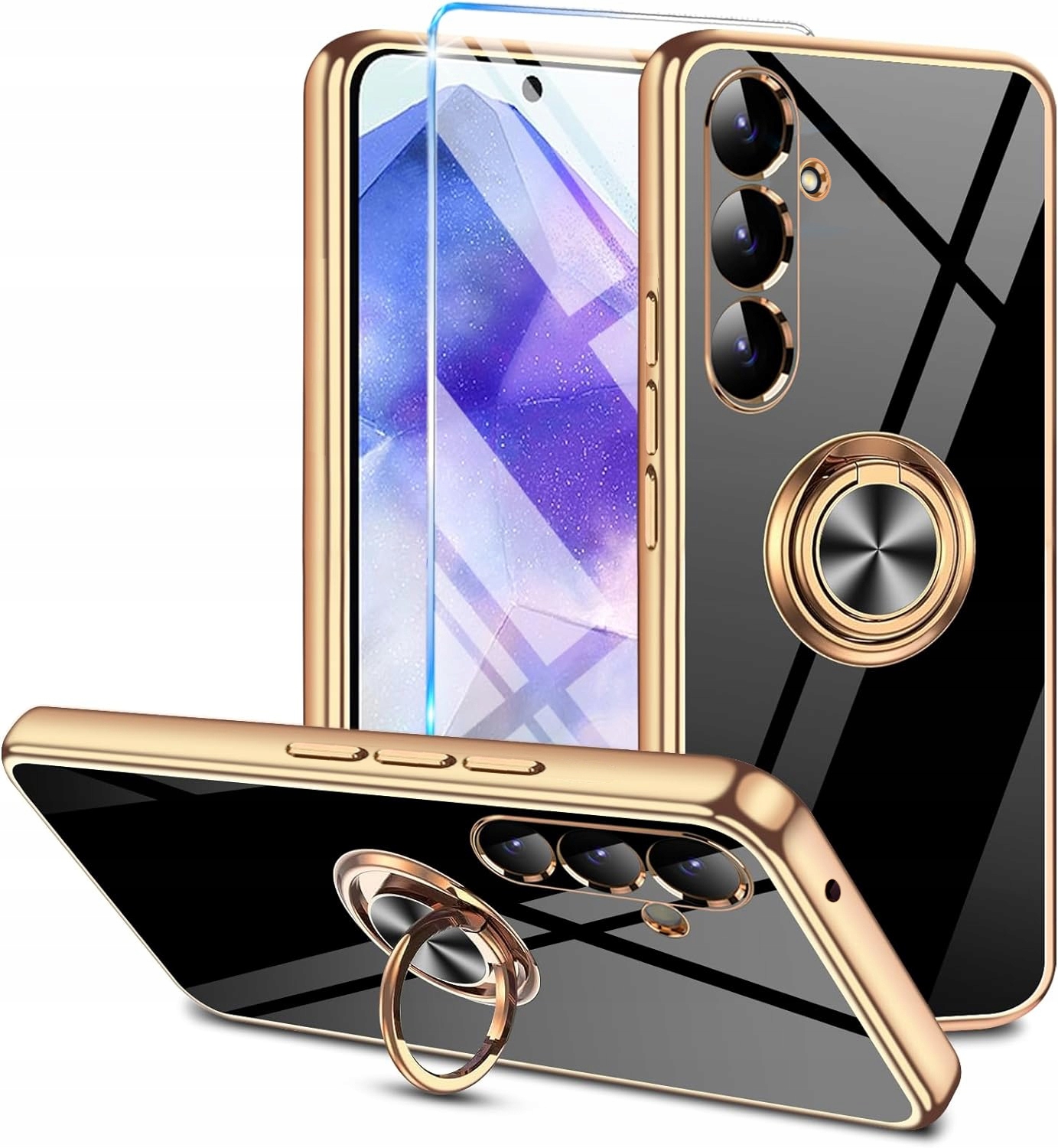 Etui do Samsung Galaxy A55 5G Szkło 9H Silikonowe Glamour Gold Ring Case