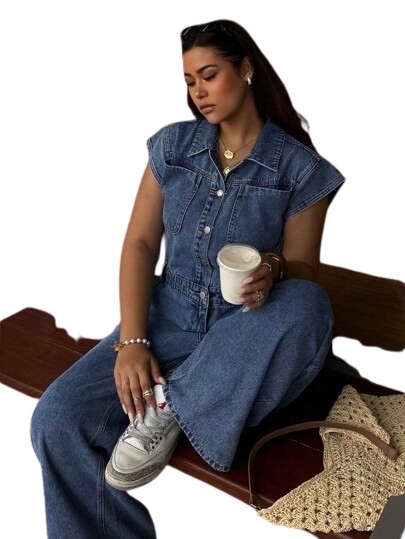 Shein Plus Size Dámský Džínový Overal S Krátkým Rukávem 46 1KF