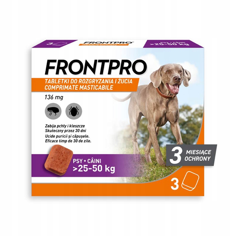 Frontpro Tabletka przeciw pchłom i kleszczom dla psa 25-50 kg 3szt. 136 mg