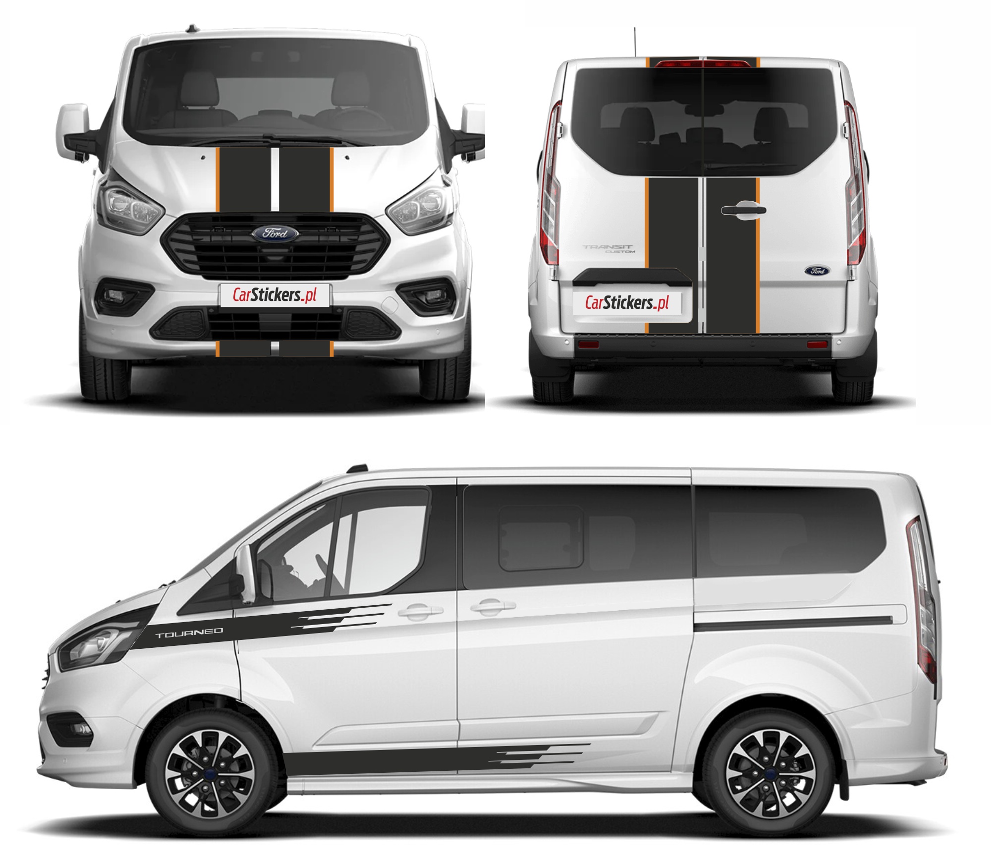 Samolepky na Ford Custom Tournero, boky kapoty a zadní dveře křídla