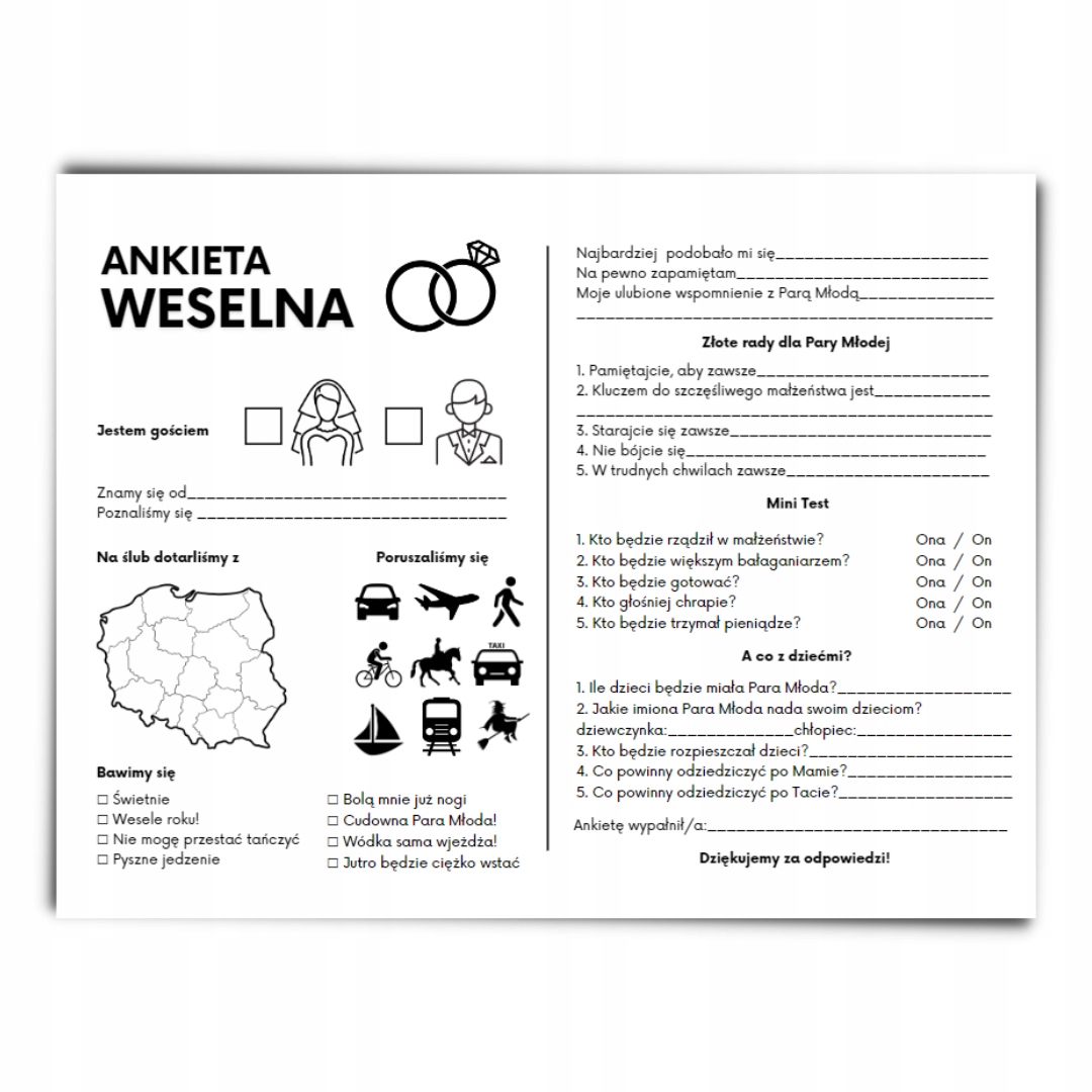 ANKIETA WESELNA ŚLUBNA DLA GOŚCI DO DRUKU PDF B&W WESELE ŚLUB PYTANIA