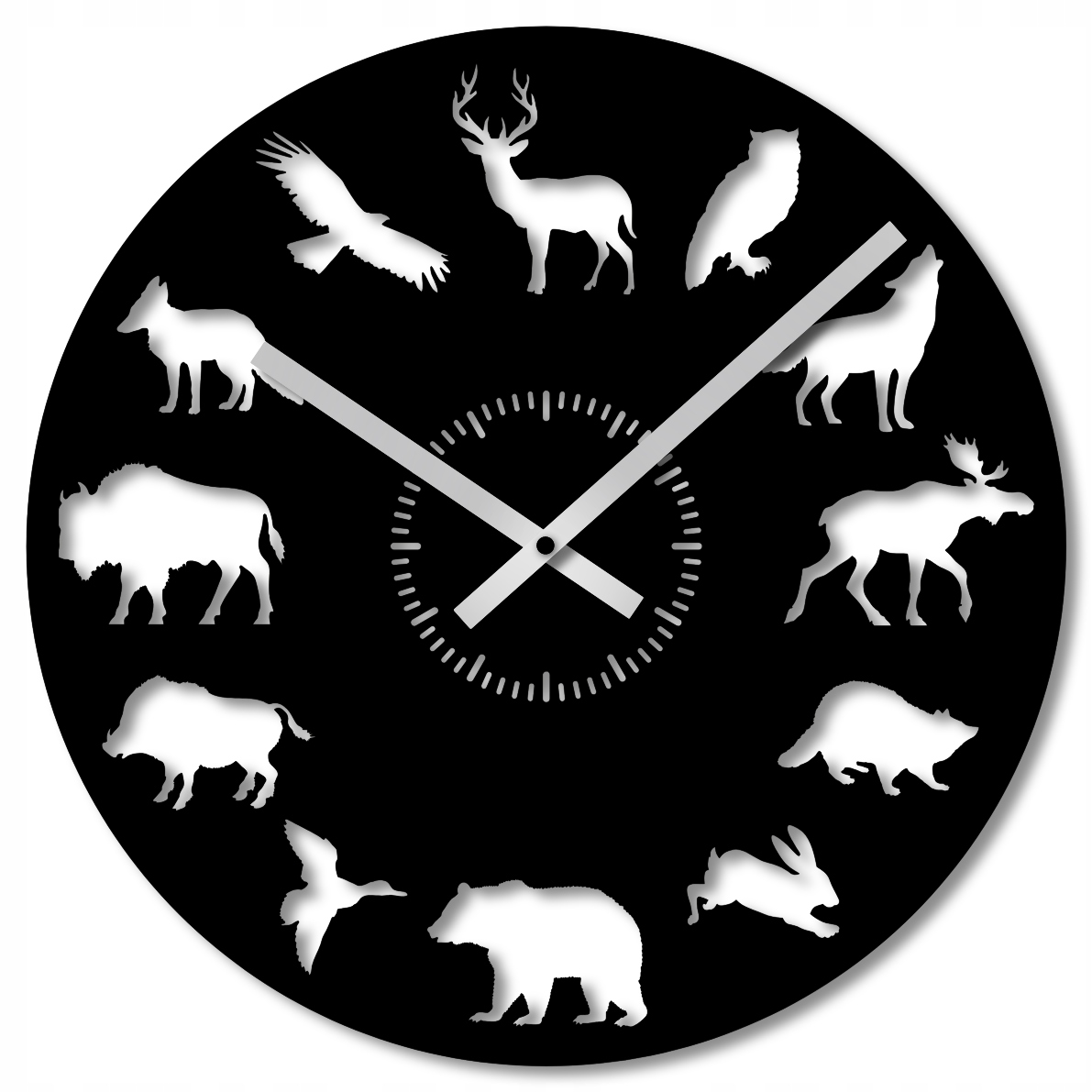 Nástěnné Hodiny 50 cm Dřevěné Nástěnné Hodiny Černé Velké Divoké Zvířata