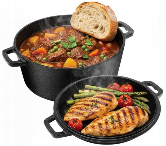 Garnek Żeliwny 2w1 Pokrywą Patelnia Grill 26cm Brytfanna do Pieczenia 4,8 L