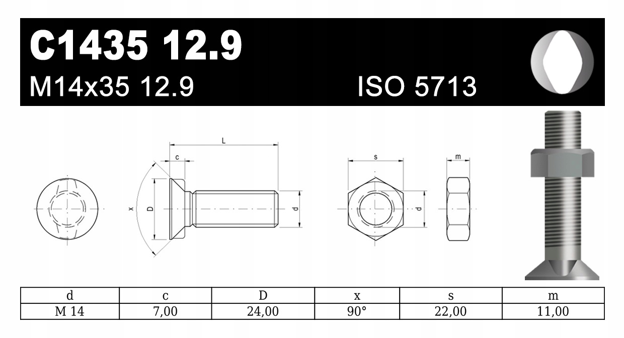 ŚRUBA PŁUŻNA SOCZEWKA C1435 M14x35 lemiesz Kuhn Numer katalogowy części C1435