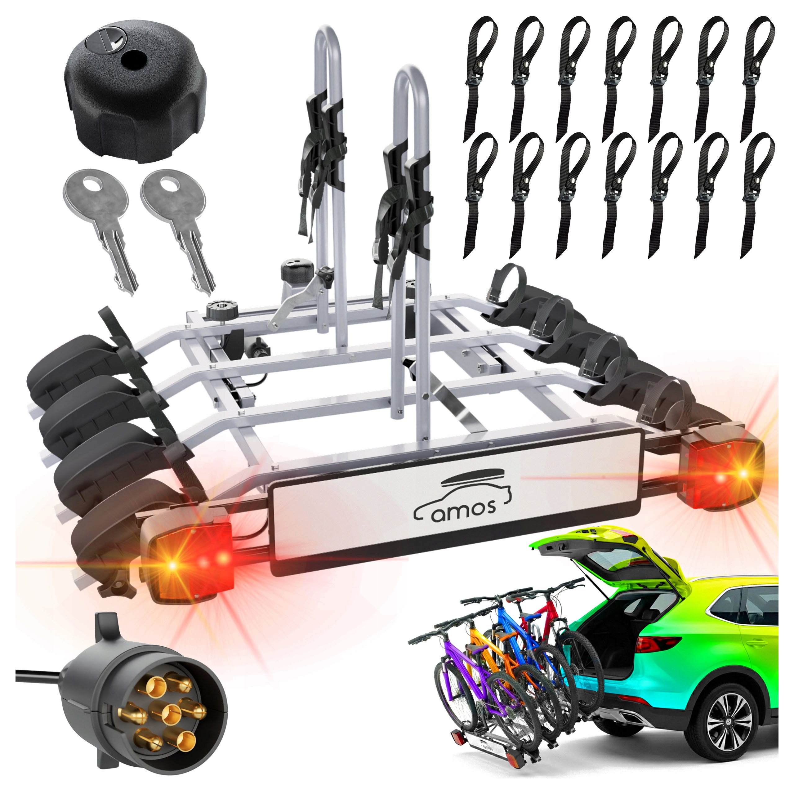 Uchwyt rowerowy na hak AMOS Tytan 4 Plus 7 pin uchylany 75 kg srebrny