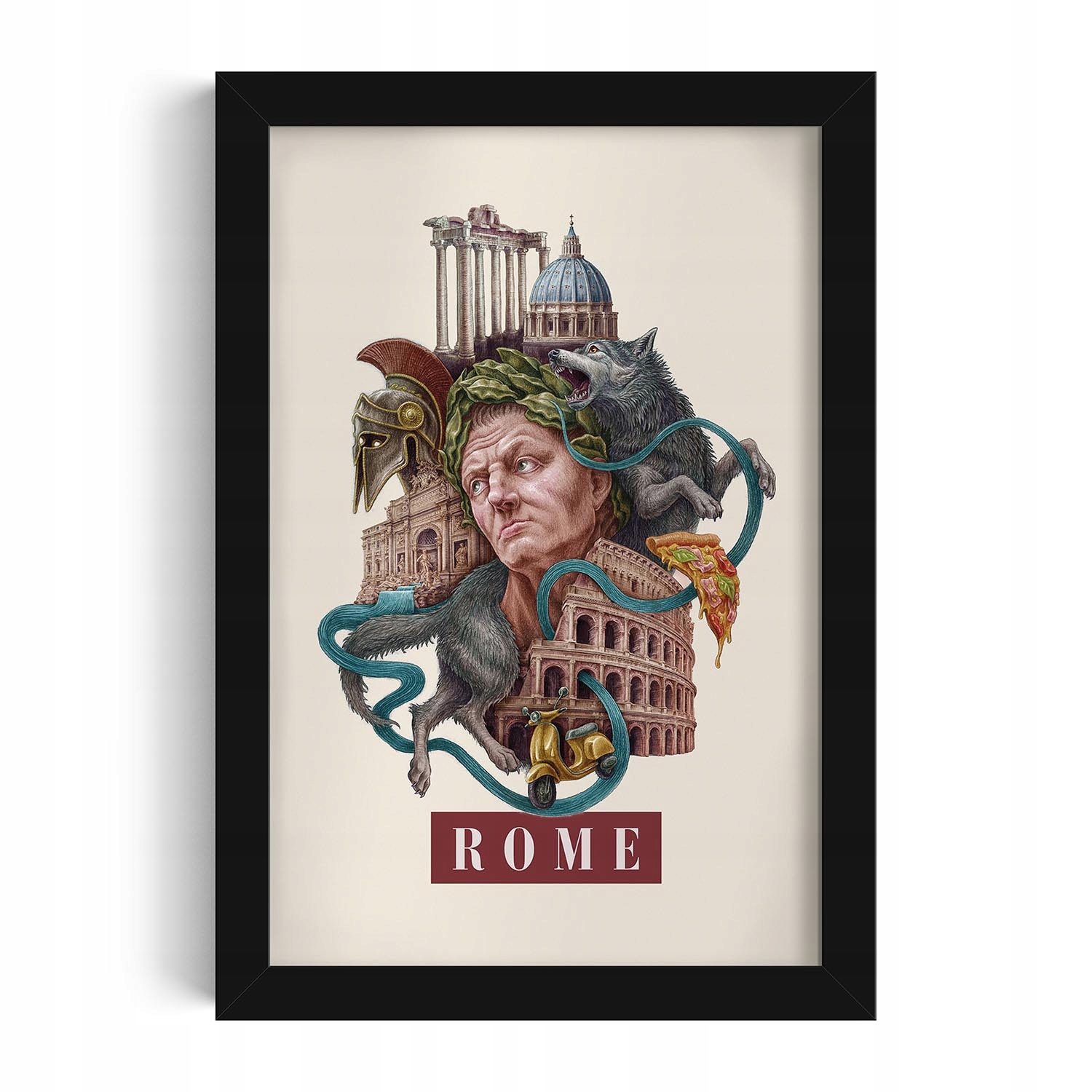 Obraz grafika v rámečku Retro styl Rome Koloseum Vlčice Pantheon Pizza 20x30