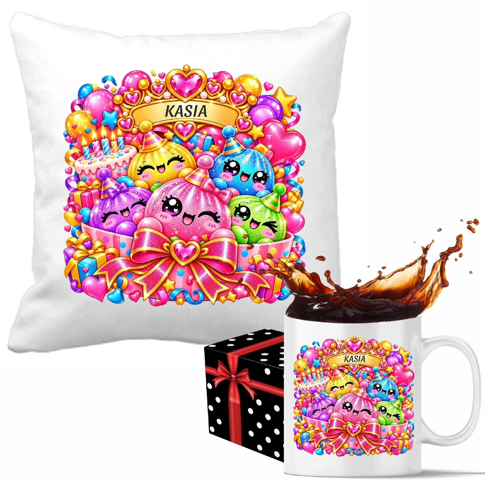 Zestaw Urodziny personalizowany kubek i poduszka Gniotek Gniotki squishy