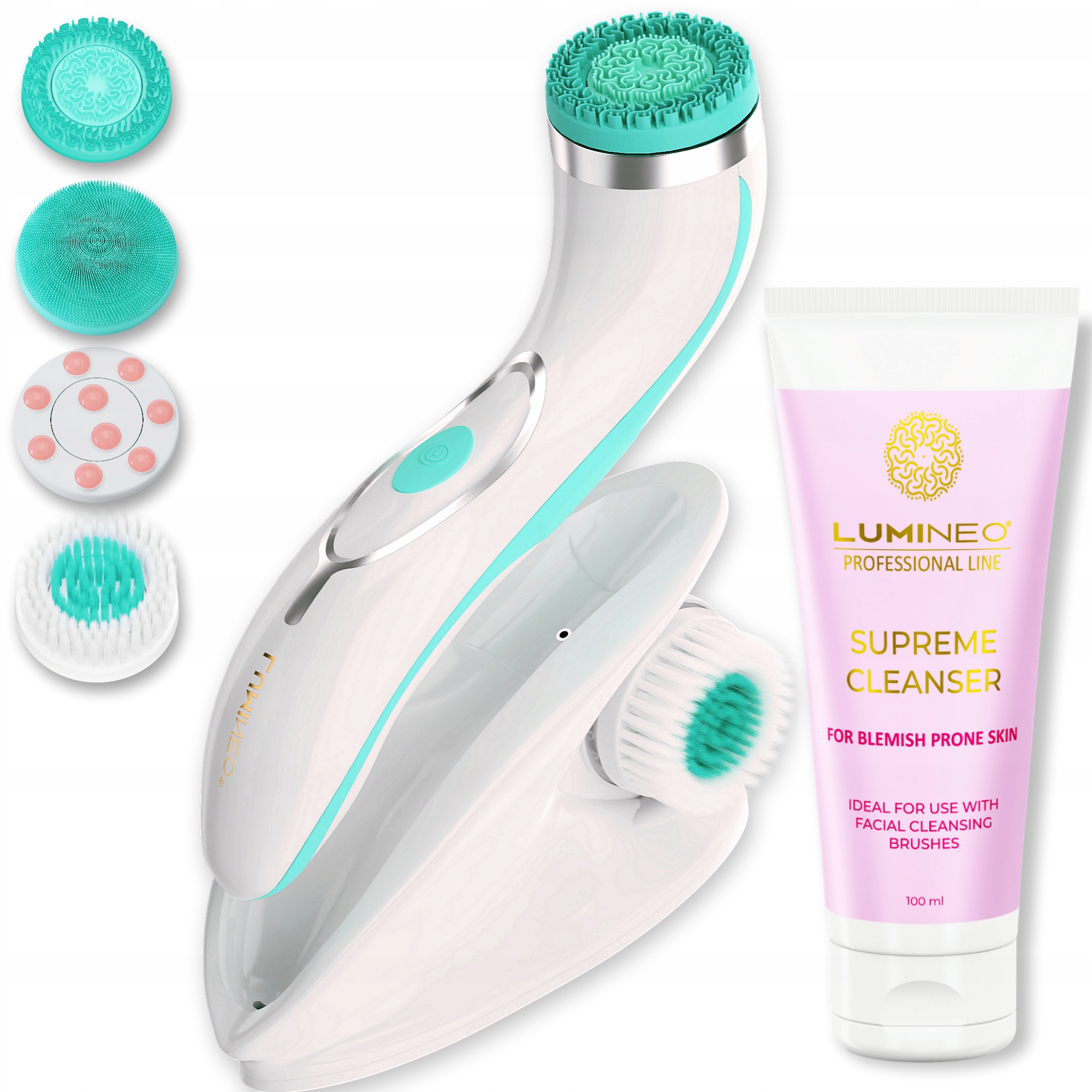 Lumineo Brush Pro tyrkysový, 4 nástavce gel pro problematickou pleť