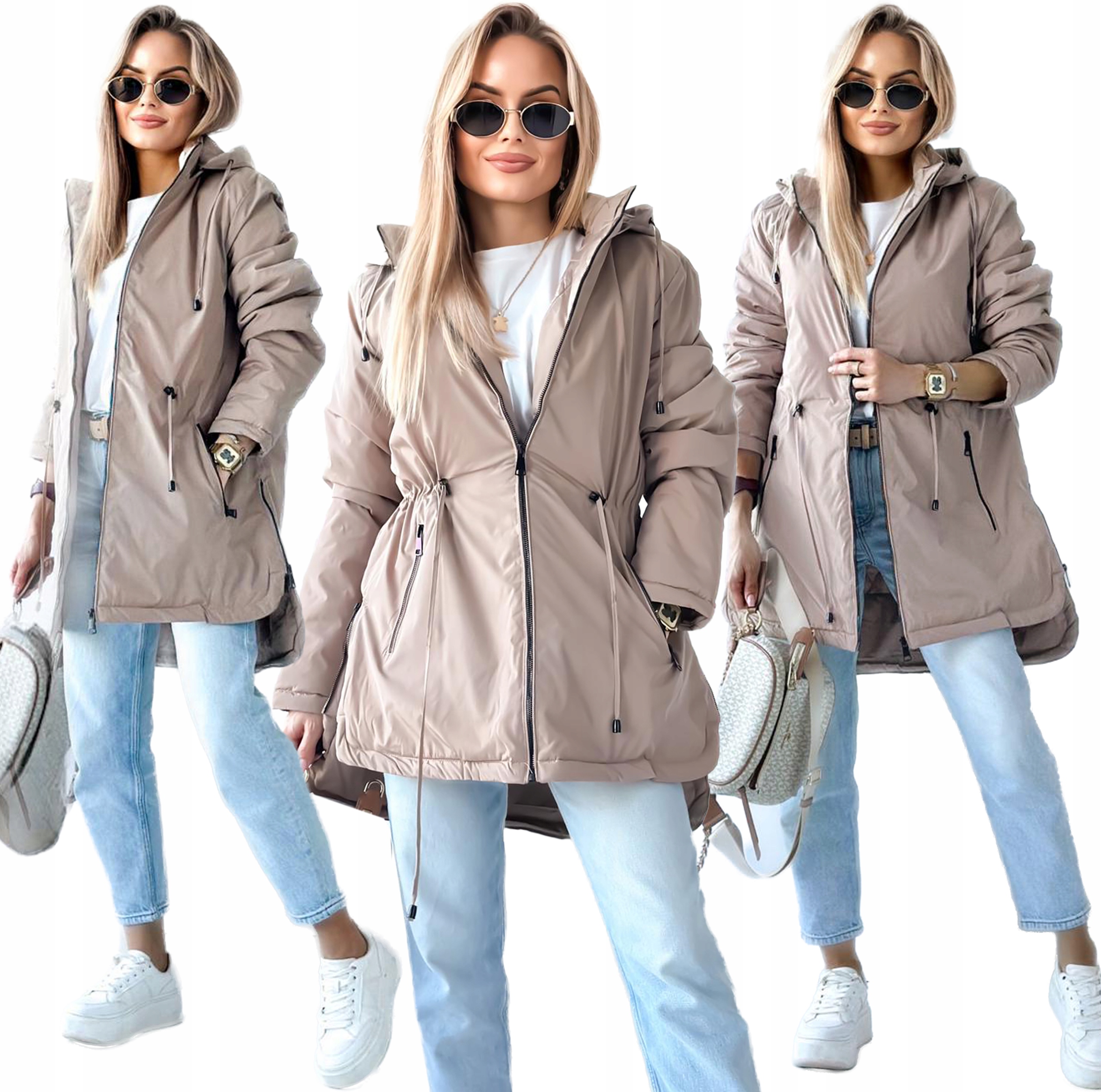 Beżowa Przejściowa Kurtka damska płaszczyk Parka ocieplana kaptur 50 Edith