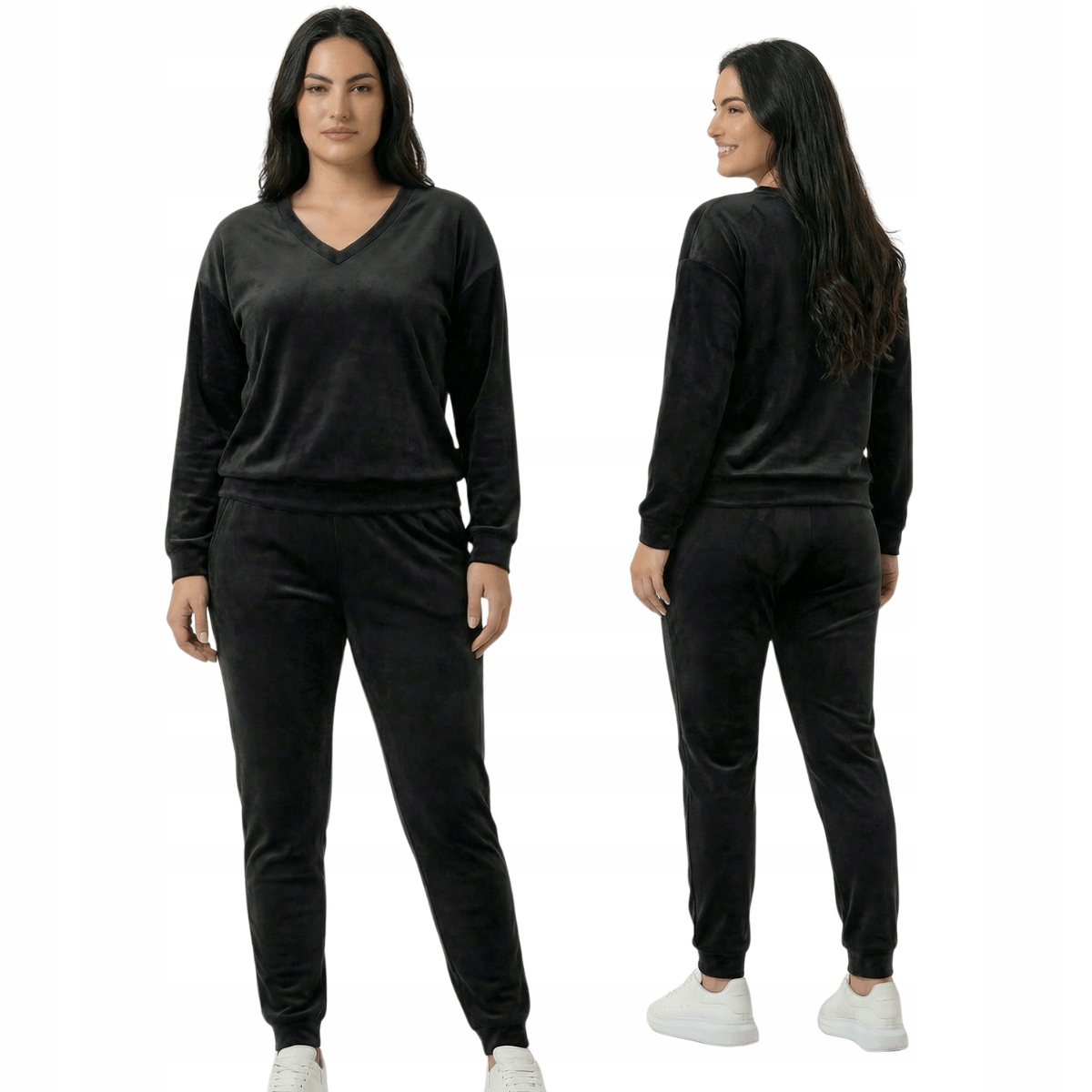 Velurový tepláková souprava plus size mikina s výstřihem do V 556 černá XXL