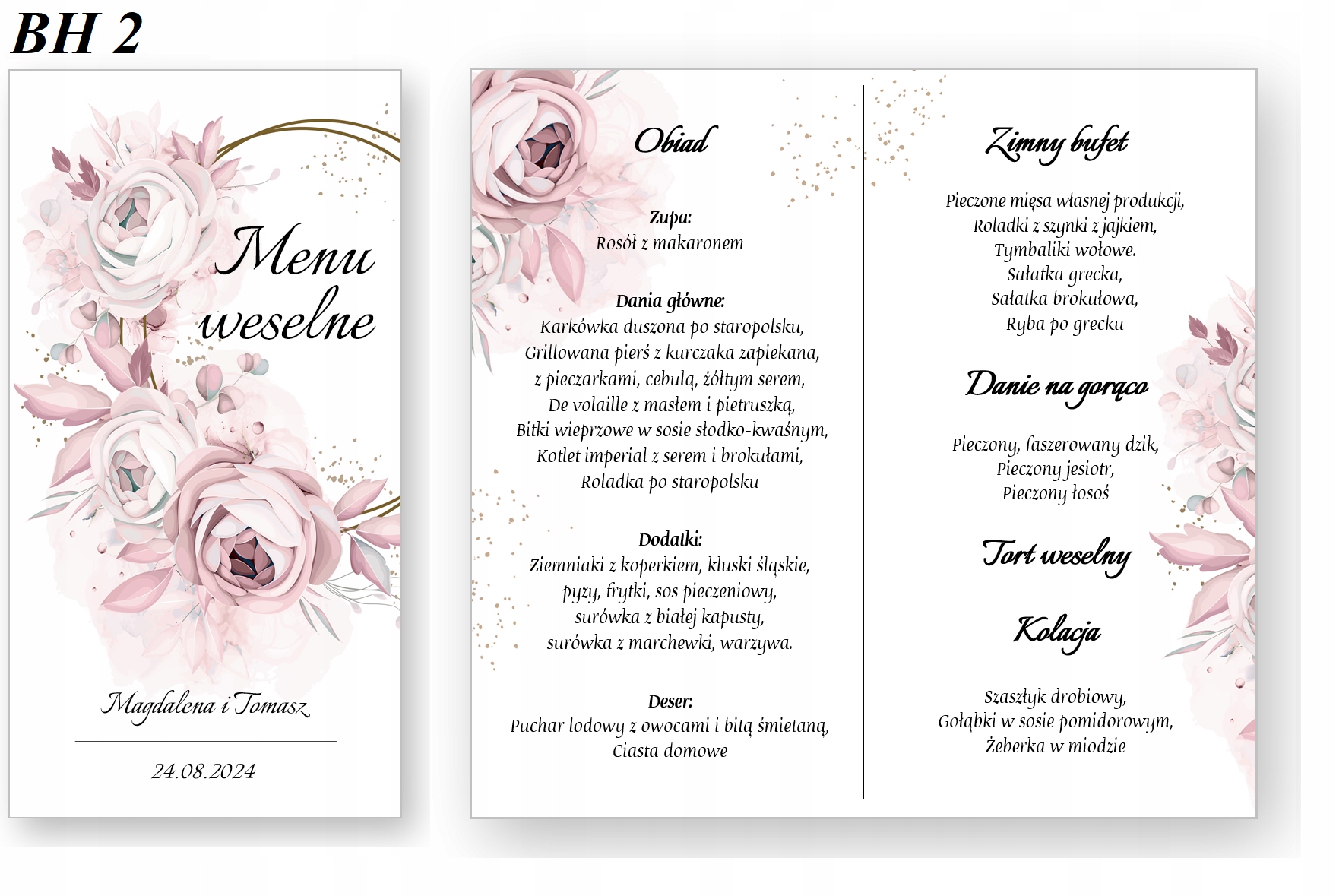 Menu weselne, ślubne, karta dań na stół, BOHO BH Szerokość produktu 21 cm