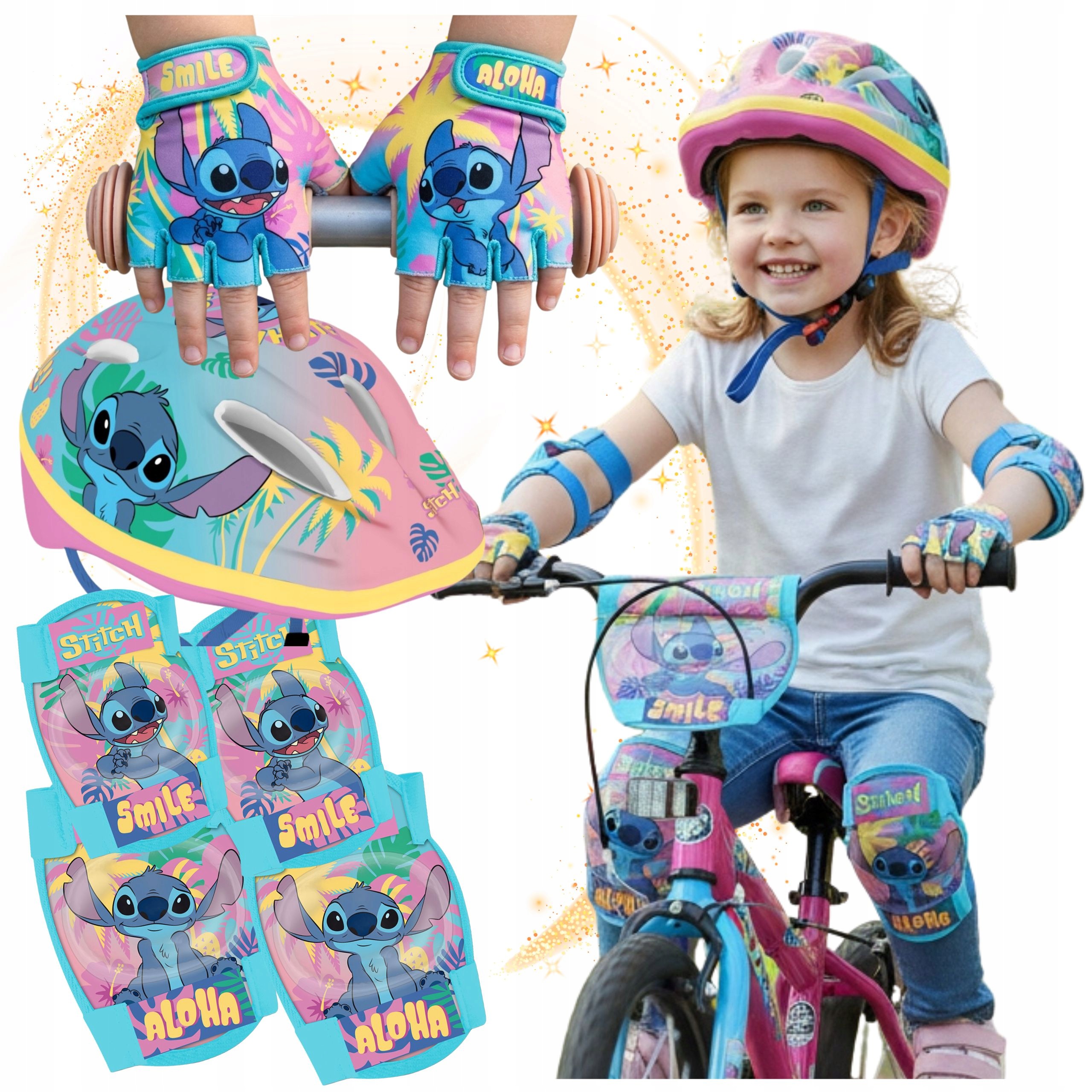 Zestaw Stitch Kask Ochraniacze Na Łokcie Kolana Rękawiczki Dla Dzieci Rower