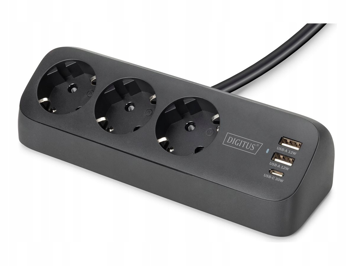 Digitus 3-drożna biurowa listwa zasilająca z 2 złączami Usb-a i 1 Usb-c