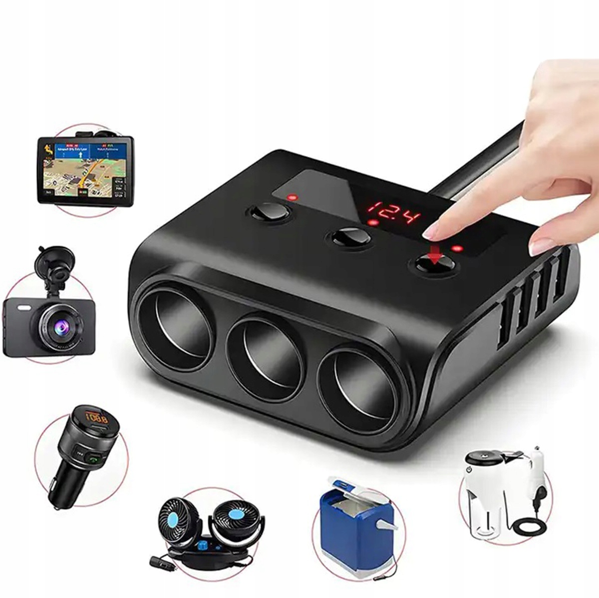 Woltomierz 12V Rozdzielacz Gniazda Zapalniczk 12V x 3 +ładowarka 4 x Usb