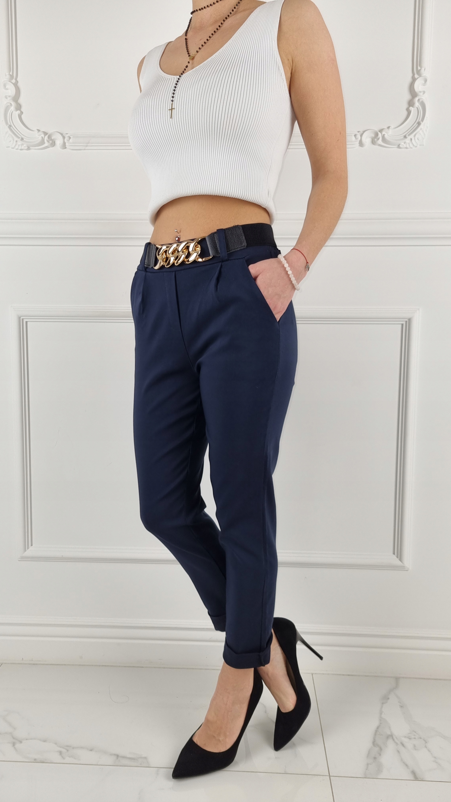 #ELASTYCZNE - SPODNIE - DAMSKIE - W GUMKĘ - PASEK# Długość nogawki 7/8