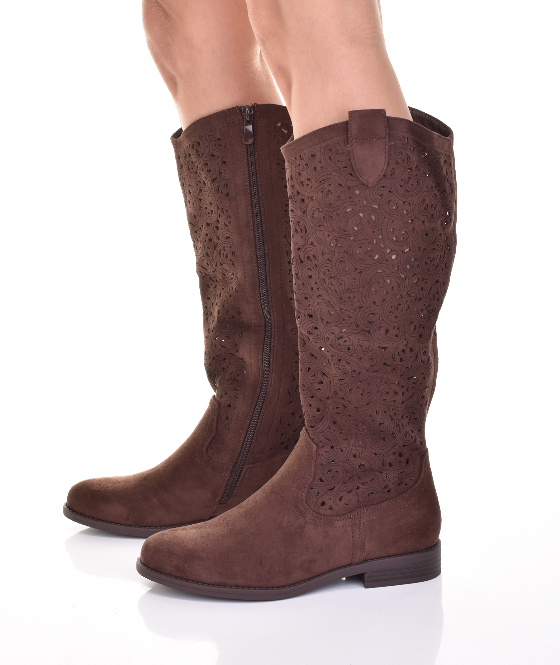 Dámské Semišové Kozačky Na Podpatku Před Kolenem, Elegantní, Prolamované