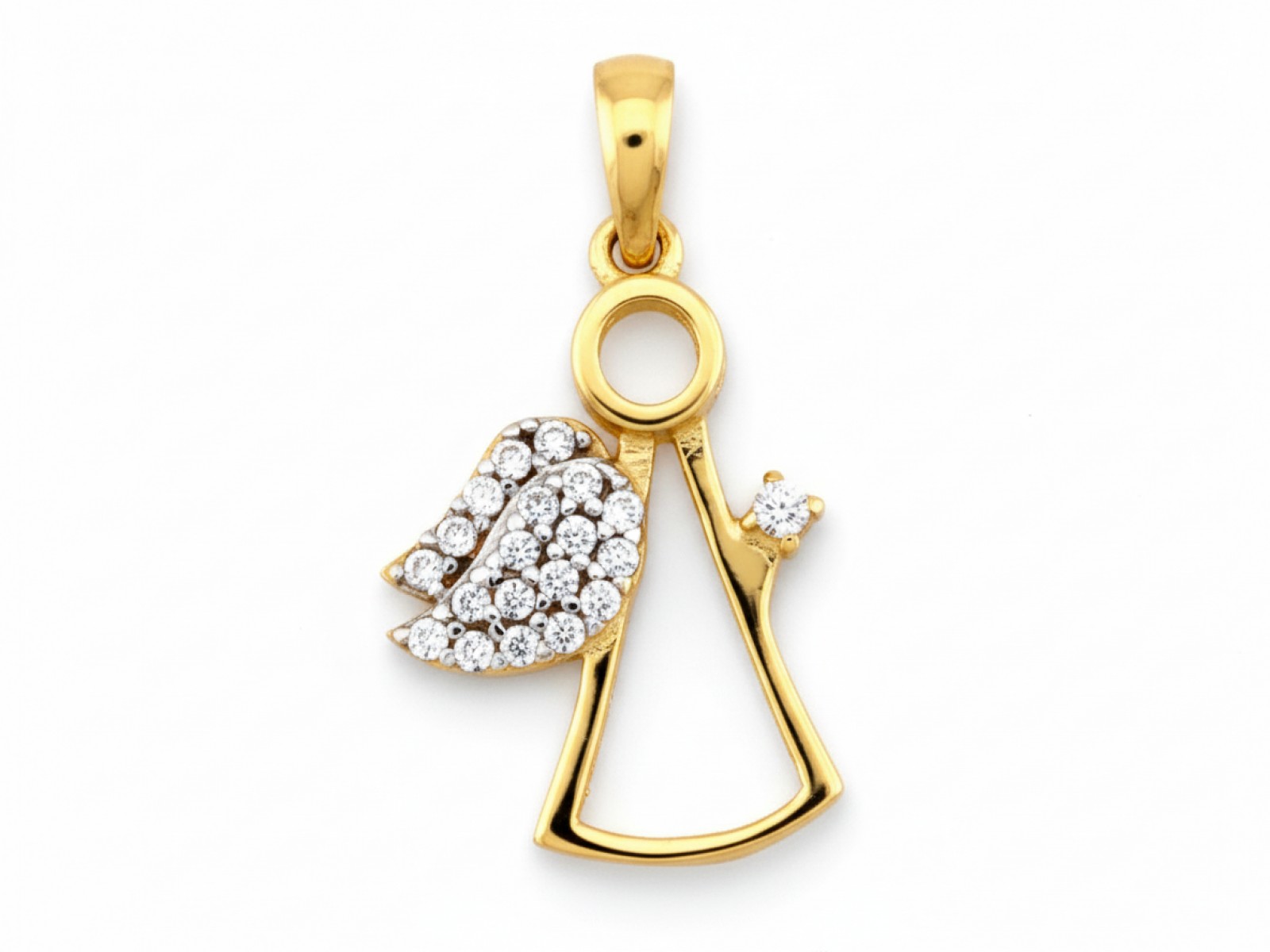 Zlatý andělský přívěsek 585 Anděl s zirkony a bílým zlatem 0.9 g