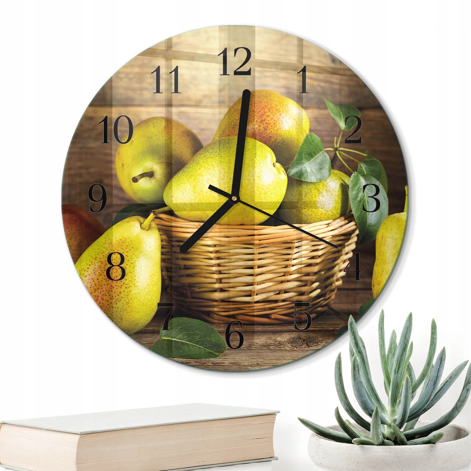Kulatý skleněný minimalistický nástěnný hodinový stroj o průměru 30 cm, snadná montáž, hruška