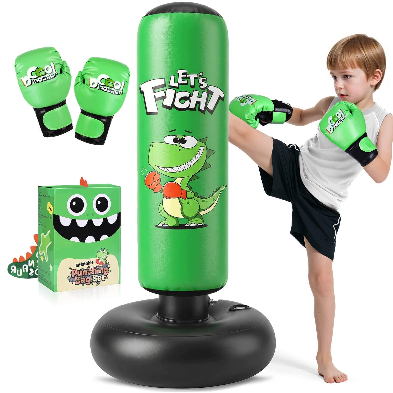 Dětský Boxovací Pytel 120 CM, Rukavice 3-8 Let, Dinosaurus, Zelený