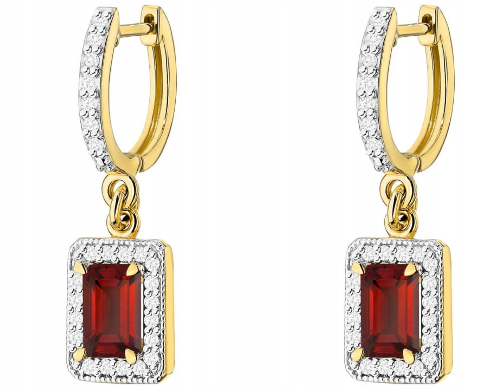 Zlaté Náušnice Přírodní Kámen Granátové Jablko A Závěsné Diamanty 585 Gravírování