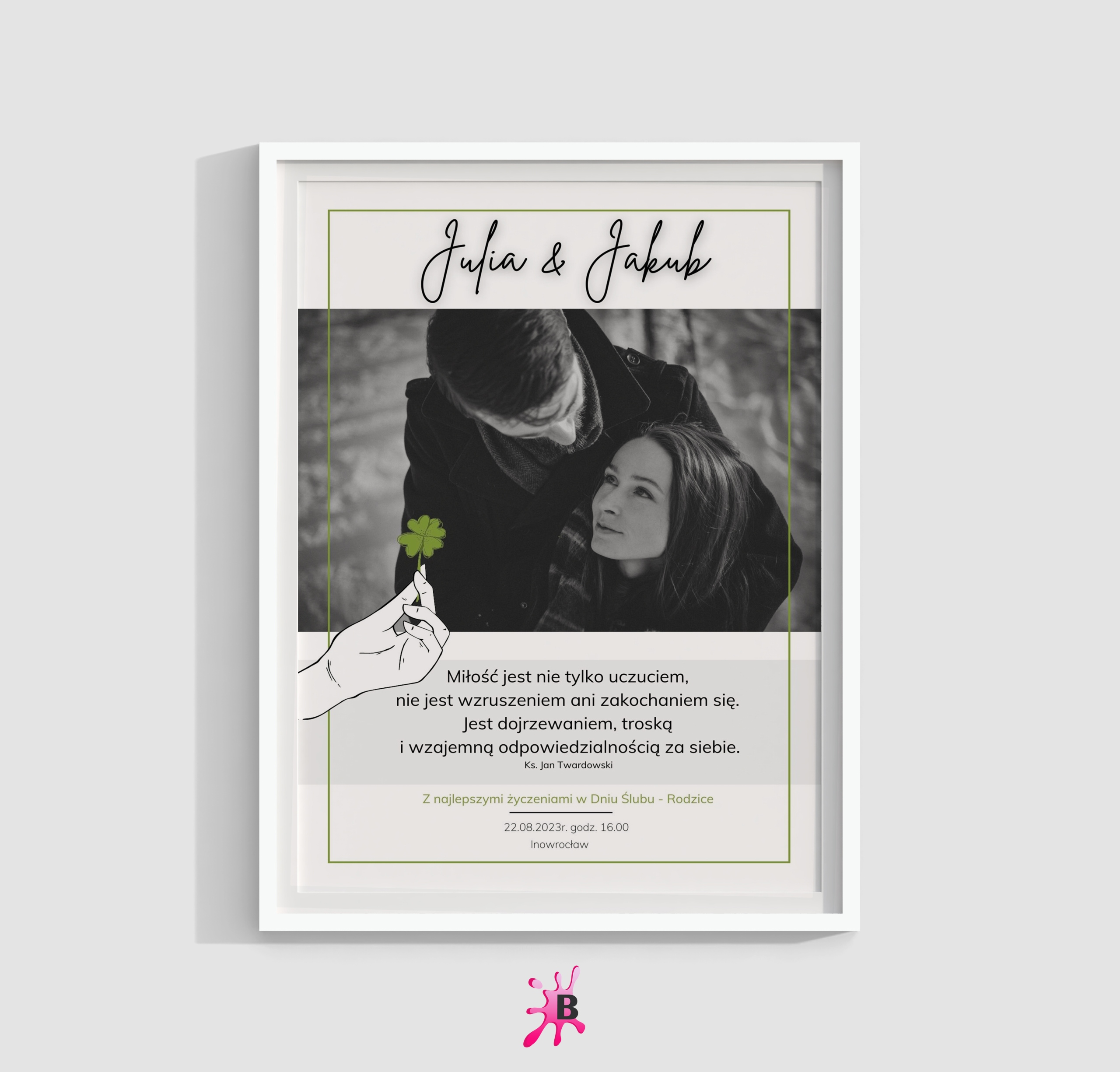 PLAKAT PERSONALIZOWANY PREZENT ŚLUB IMIONA+DATA+FOTOPARY+ŻYCZENIA RAMA30x40 Rodzaj w ramie