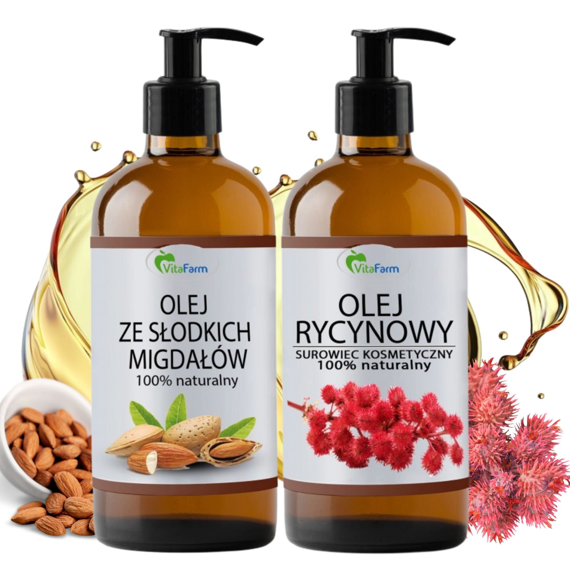 Mandlový olej 1L a Ricinový olej 1L sada pro péči s pumpičkami