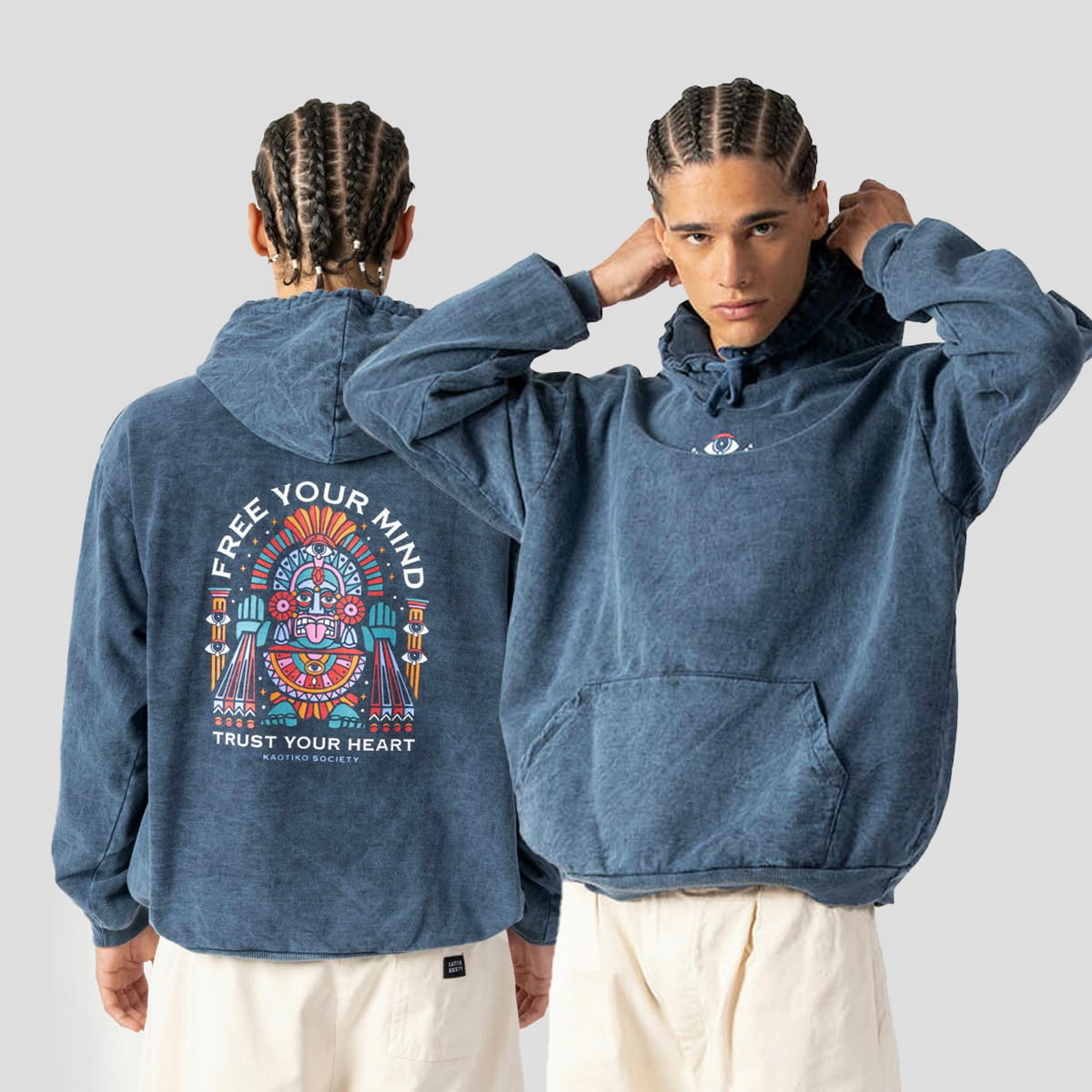 Mikina s kapucí Kaotiko Washed Free Your Mind XL, modrá, Městská