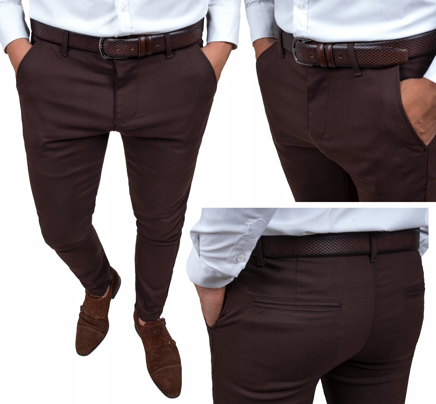 Spodnie Męskie Brązowe Slim Fit Dopasowane Wizytowe Biznes 42