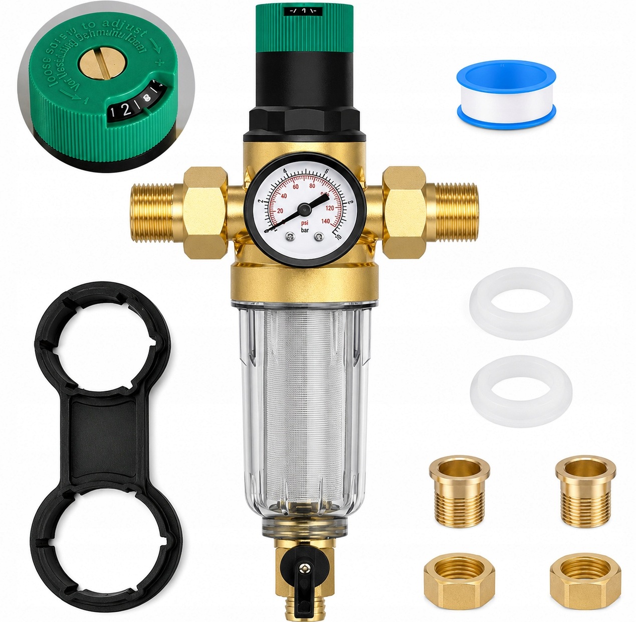 Reduktor Tlaku Vody 1 Palec 3/4 Manometr Dlouhý Filtr S Ventilem