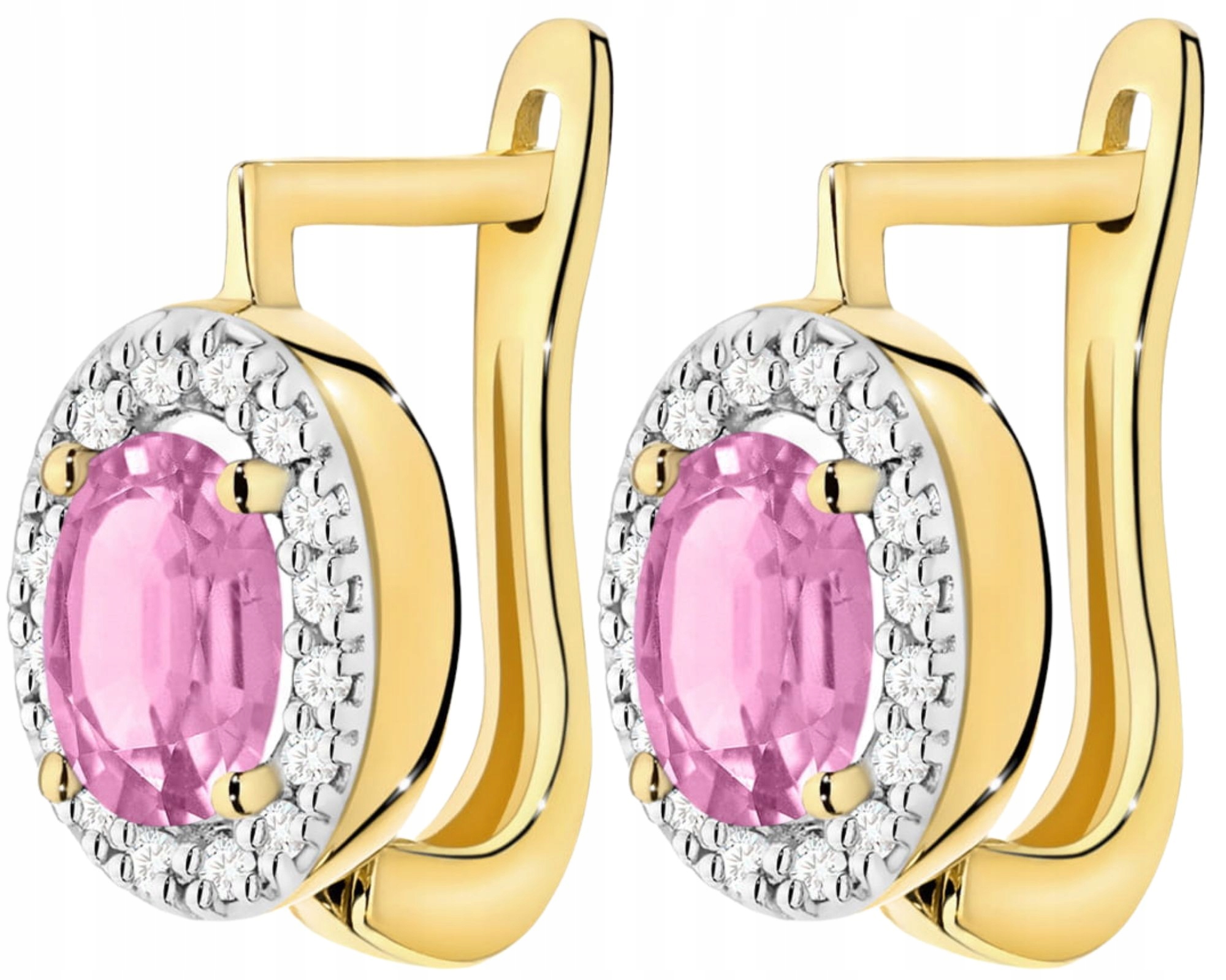 Zlaté Náušnice S Růžovým Safírem A Diamanty, Moderní Anglické Zapínání