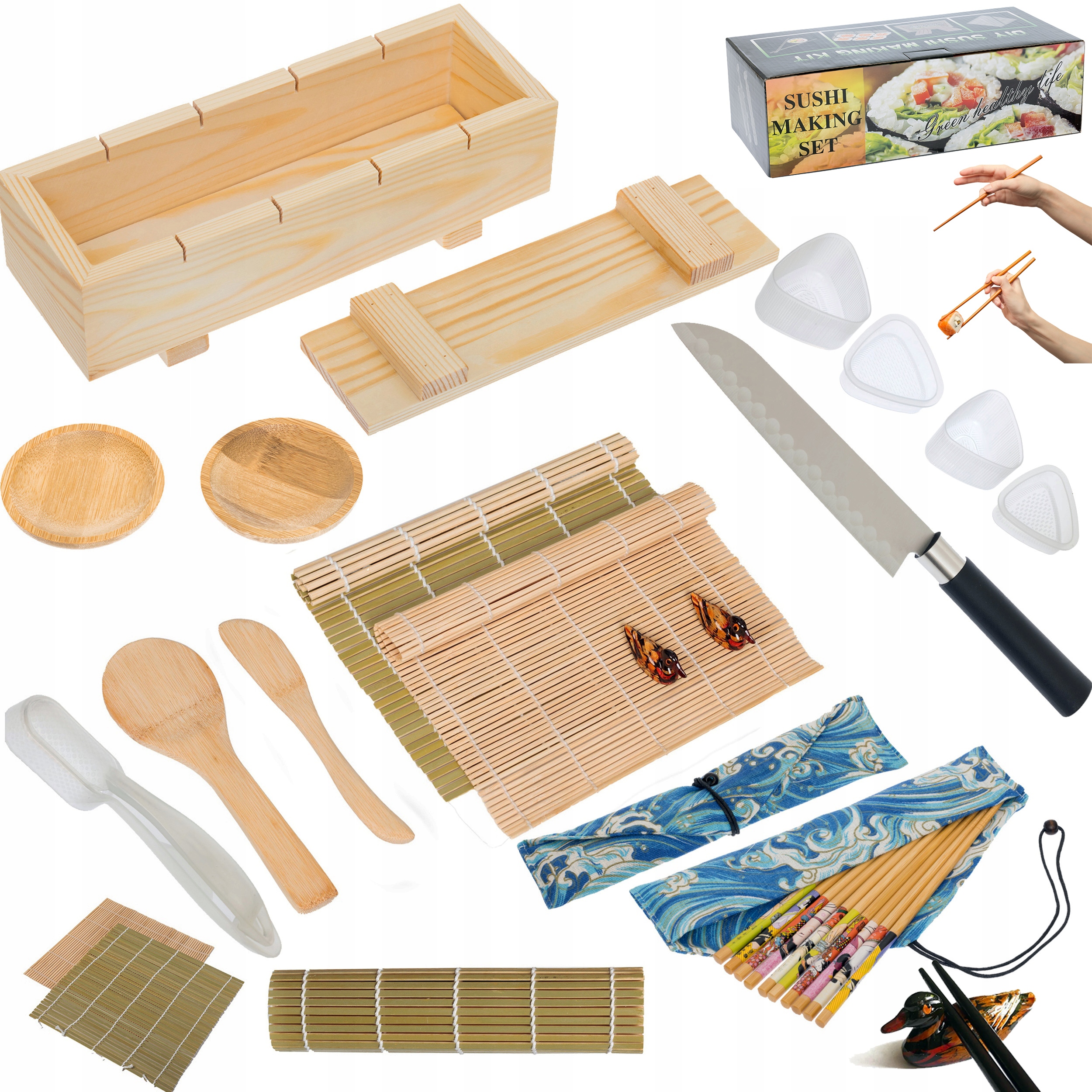 ZESTAW MASZYNKA DO ROBIENIA SUSHI Z ROLKA MATA PRASKA PAŁECZKI NÓŻ DO SUSHI