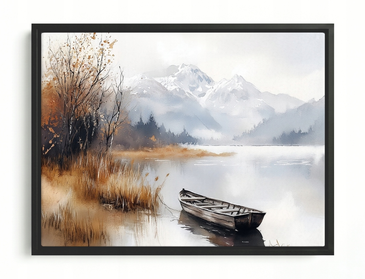 Obraz Rám American Box Pejzaž Plener Hory Jazero Lodka Hmla Jeseň 80x60