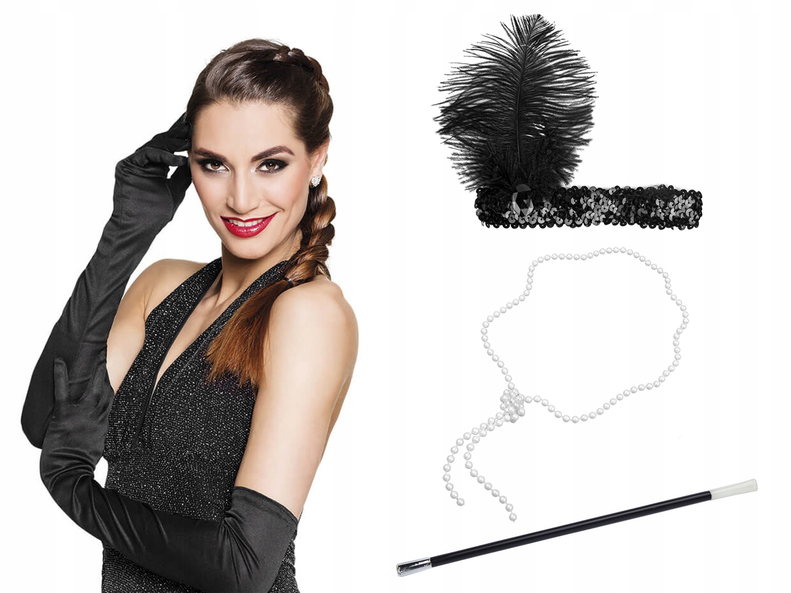 Zestaw retro lata 20 rękawiczki, opaska, cygaretka