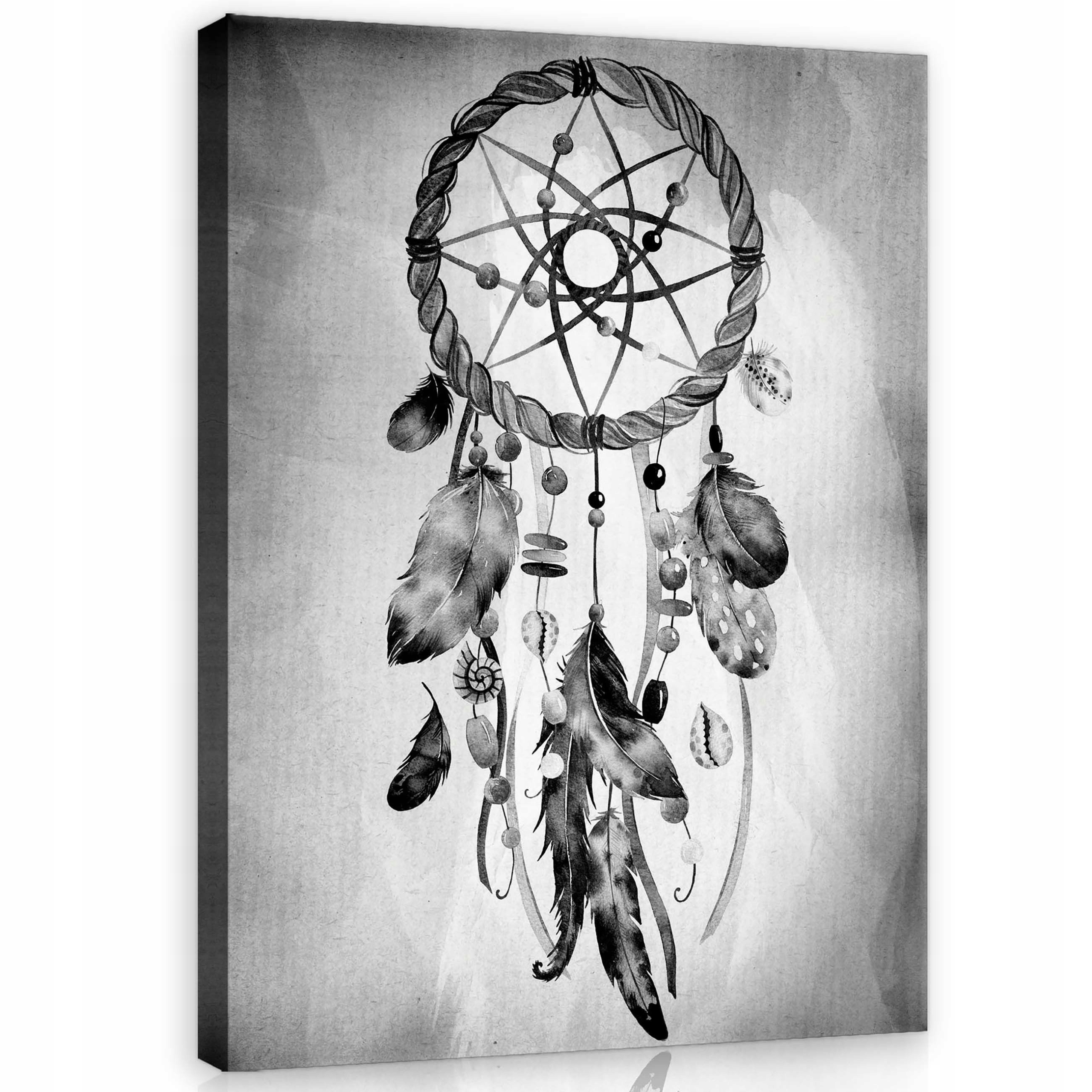 Obraz 60x80 Lapač snů peří korálky síť kruh monochromatický klid