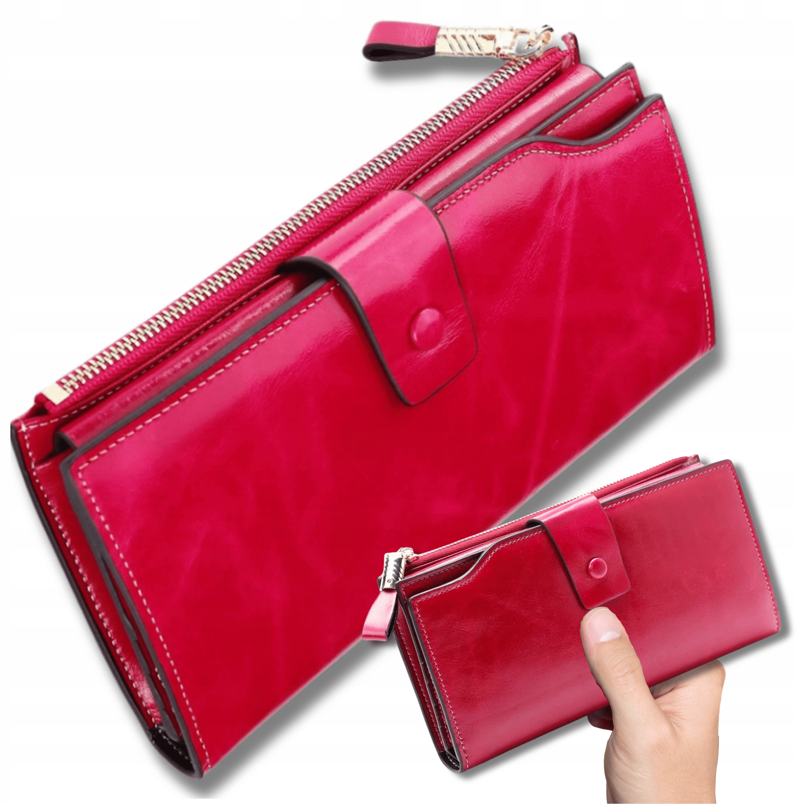 Dámská kožená peněženka velká lakovaná prostorná Rfid s páskem červená