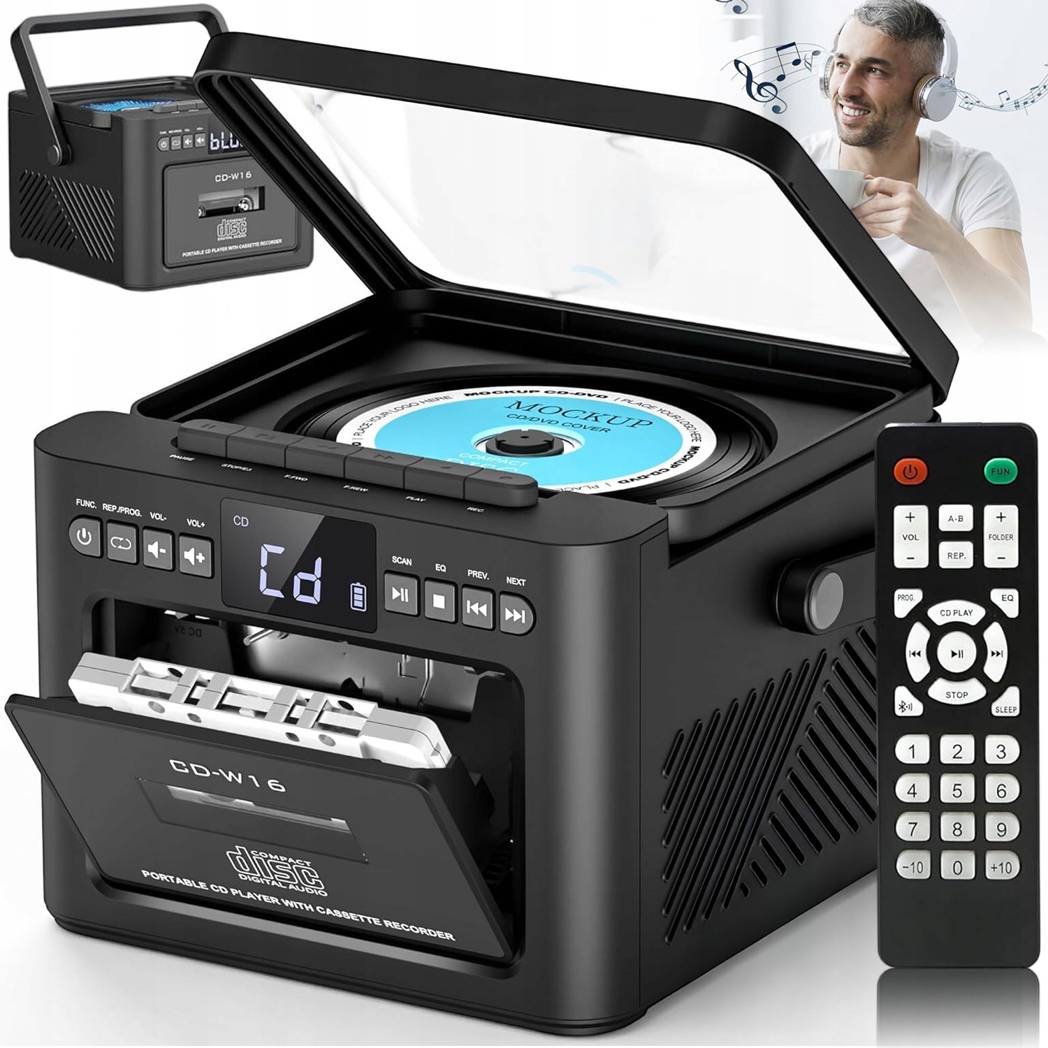 Radiomagnetofon CD Bluetooth MP3 Kaseta Fm Usb Aux Głośnik Przenośny Pilot