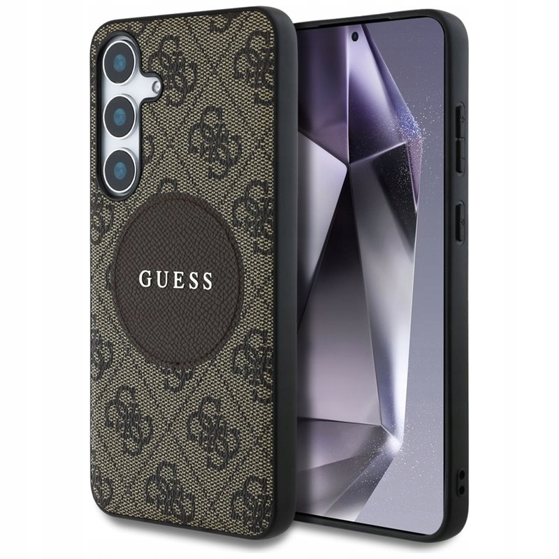 Guess 4G Round Patch Classic Logo MagSafe pouzdro pro Samsung Galaxy S25+ hnědé