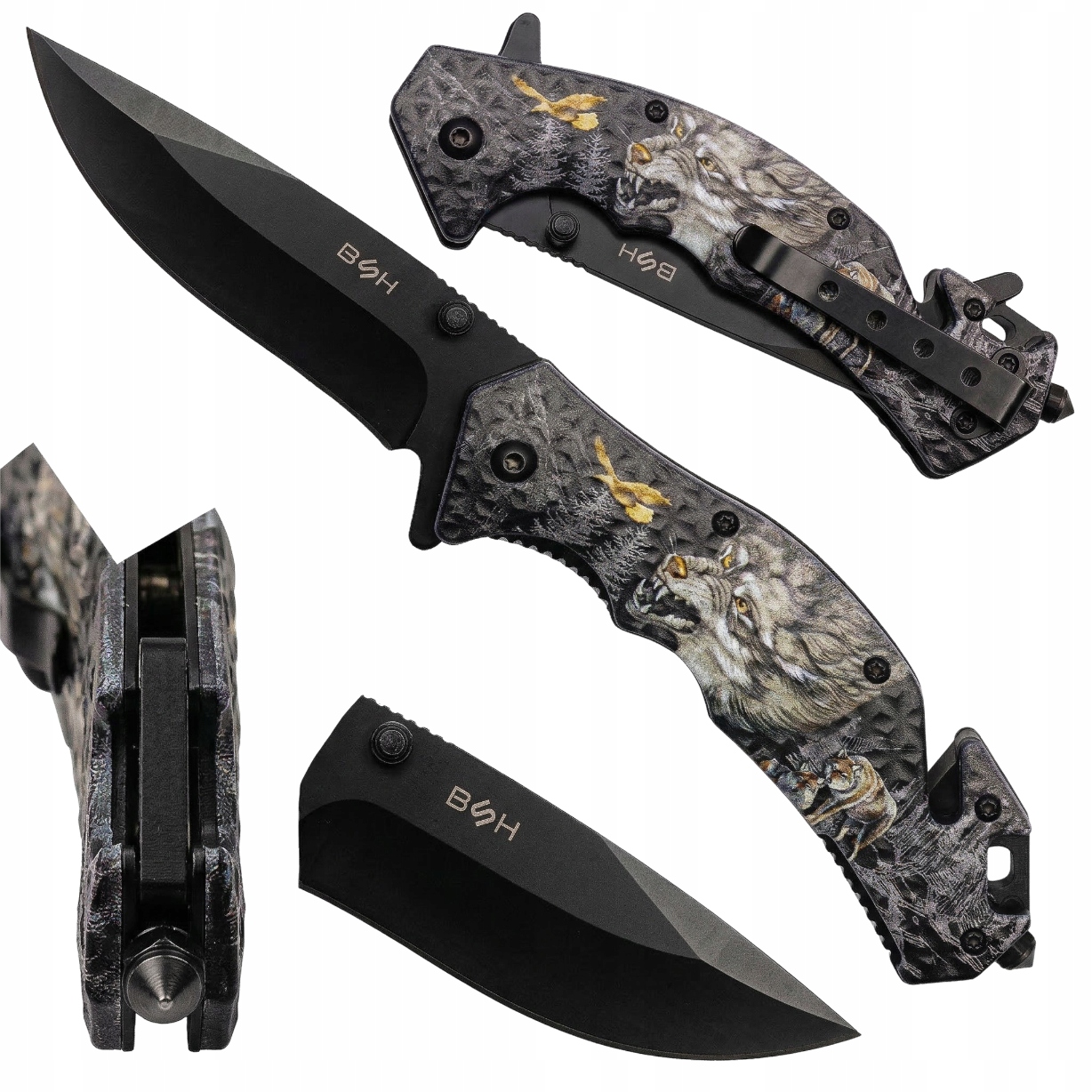 Nóż Ratowniczy Bsh DropPoint Stal440 Wilk Flipper 210mm N353D