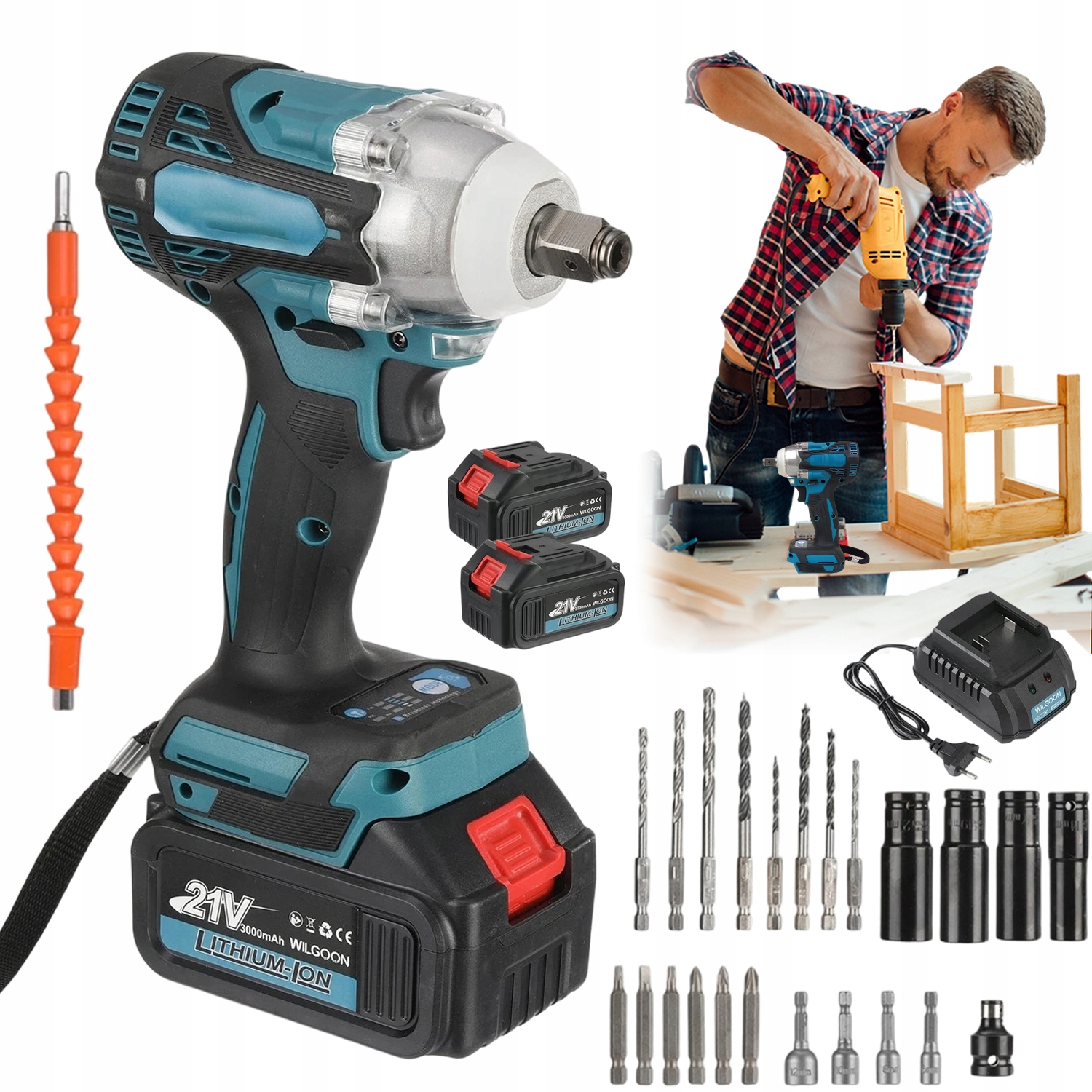 300Nm Bezkartáčový Klíč Na Kola 21V 2xAKU Nástavce