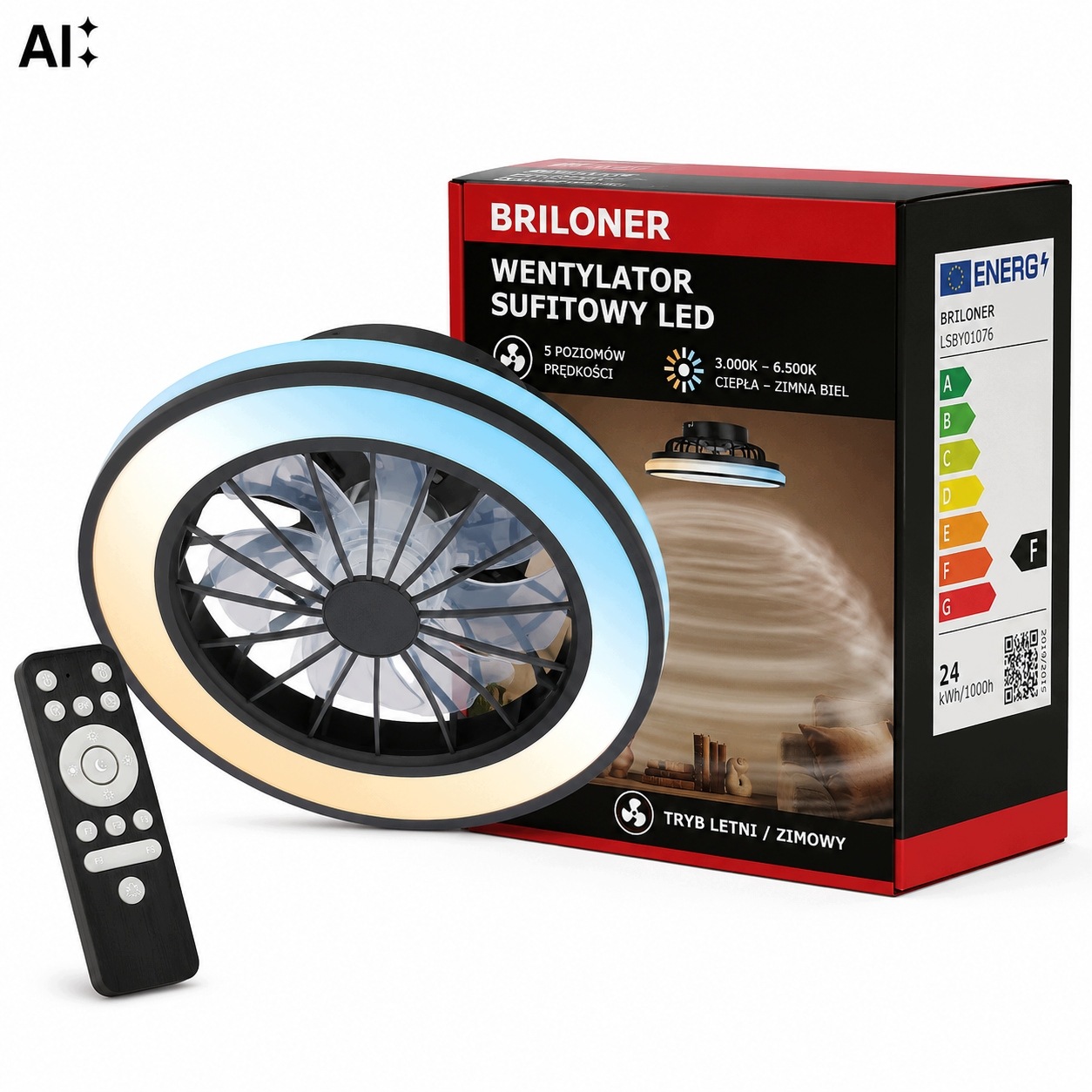 stropní svítidlo Led ventilátor 24W 2600lm černá dálkový ovladač 5 rychlostních stupňů léto zima