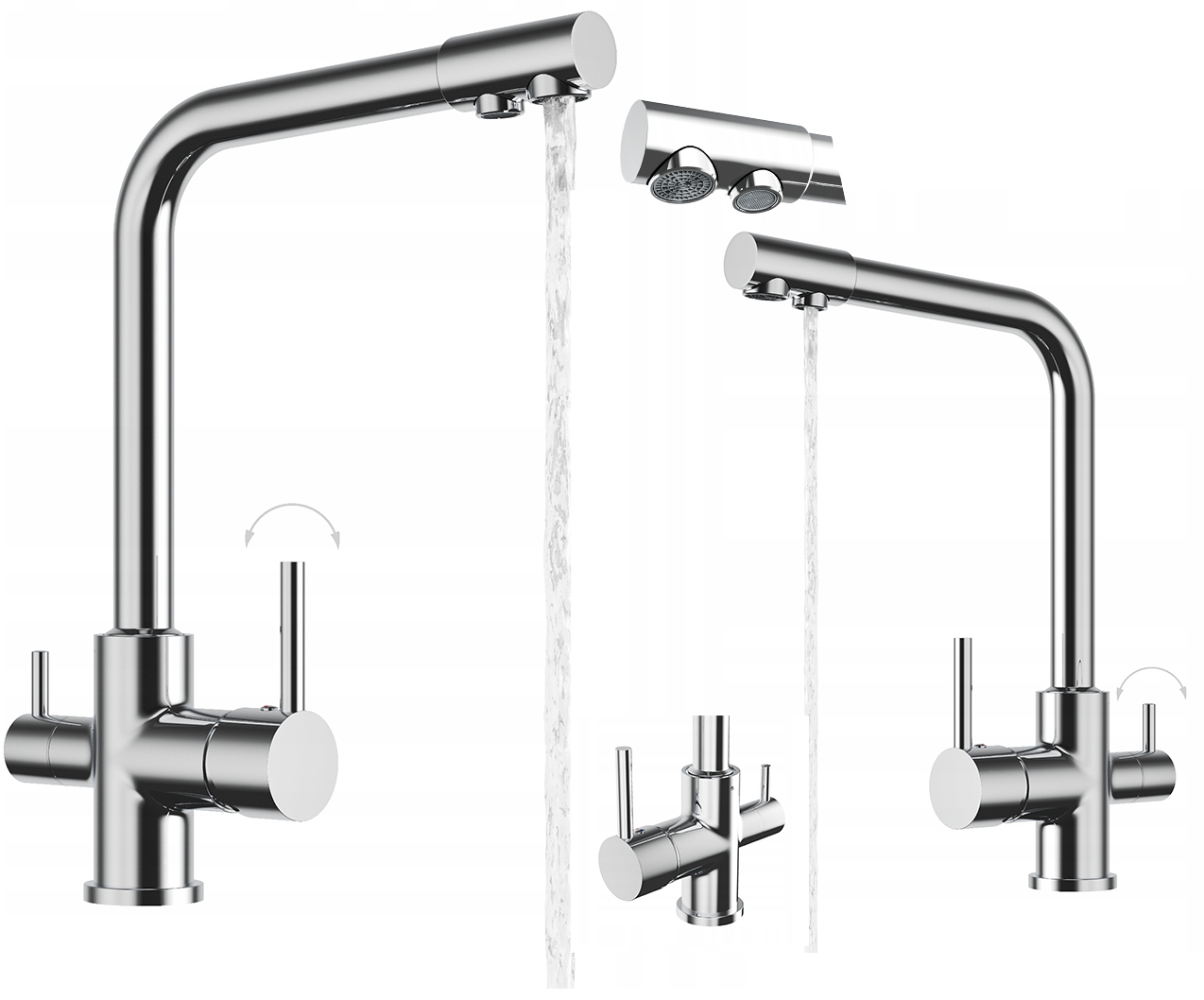 Trojcestná kuchynská batéria Flow kohútik na vodný filter do kuchyne, chróm