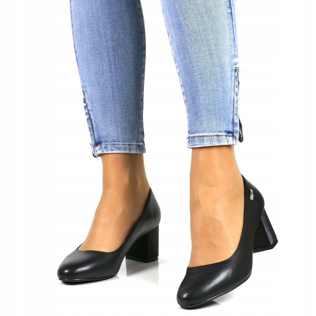 DAMSKIE CZÓŁENKA BUTY NA SŁUPKU CZARNE MATOWE OZDOBNY OBCAS Długość wkładki 24 cm