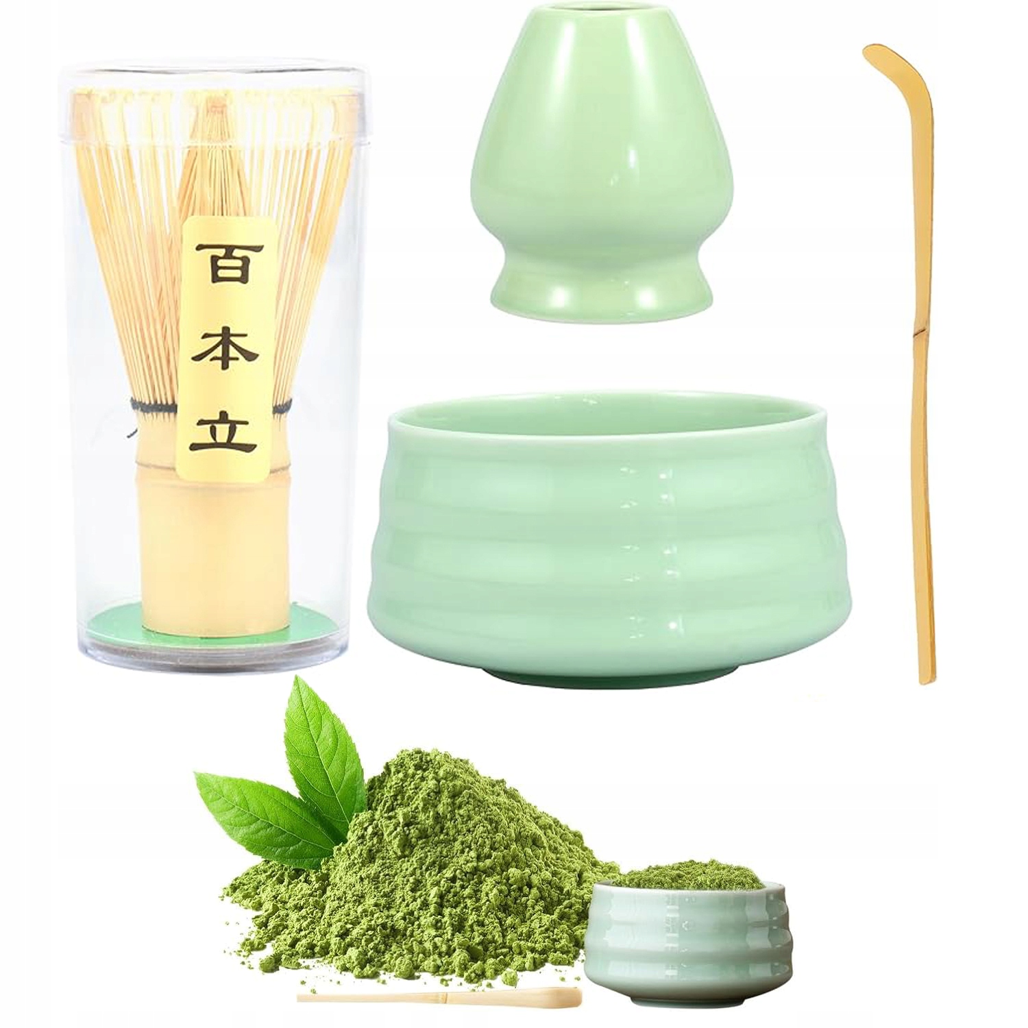 Levně Japonská sada na čaj Matcha s bambusovou metličkou, keramickou miskou a držákem na metličku, lžičkou