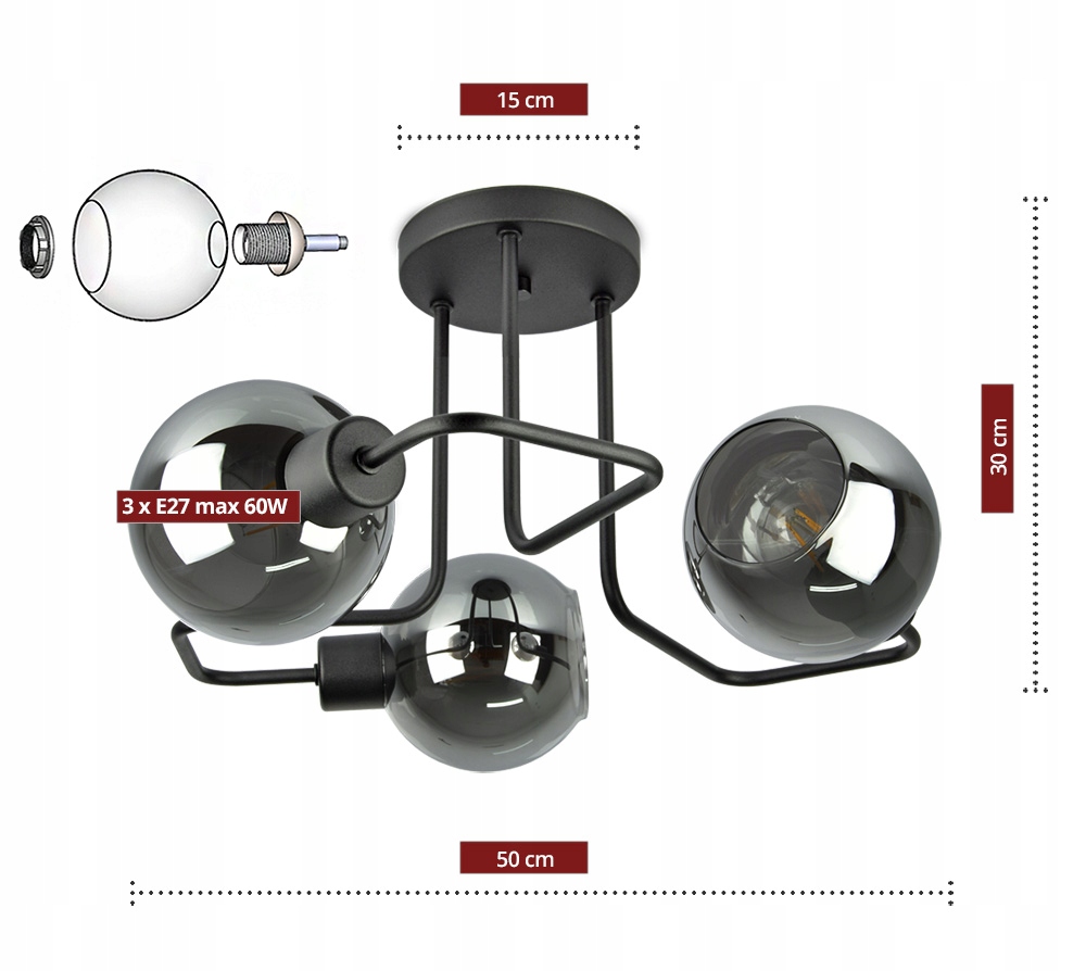 LAMPA SUFITOWA PLAFON ŻYRANDOL LOFT EDISON LED BAL Głębokość produktu 30 cm