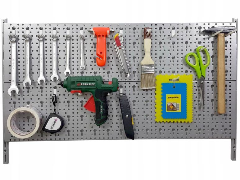 TABLICA ŚCIANKA NARZĘDZIOWA METALOWA HAKI SREBRNA