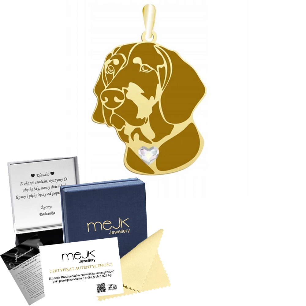 Zlatý přívěsek s polským loveckým psem 925 Dárek Dedikace Gravírování Bonus