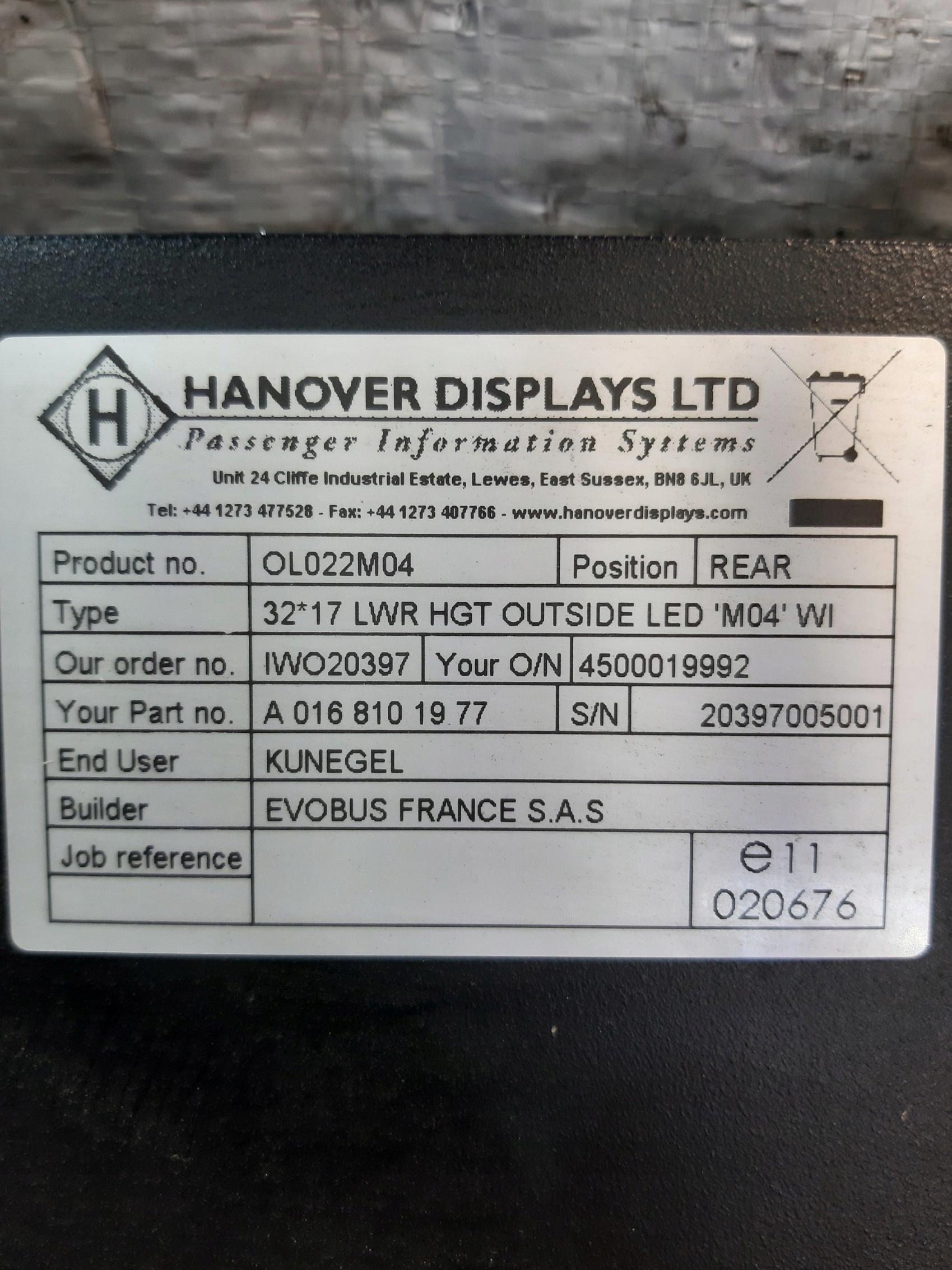 display značka INFORMACYJNA HANOVER DISPLAYS LTD 32*17 LWR