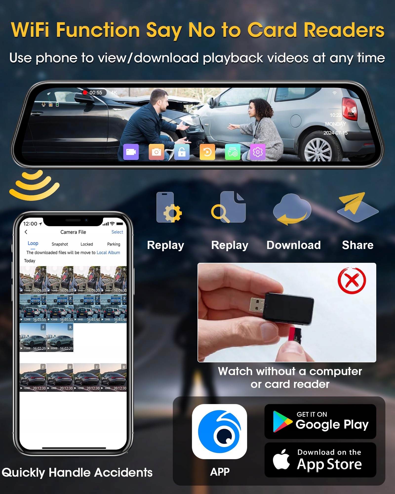 4K Airpuxem Lusterko Dashcam 10" IPS WiFi Przód Tył 64GB SD — miniatura 3