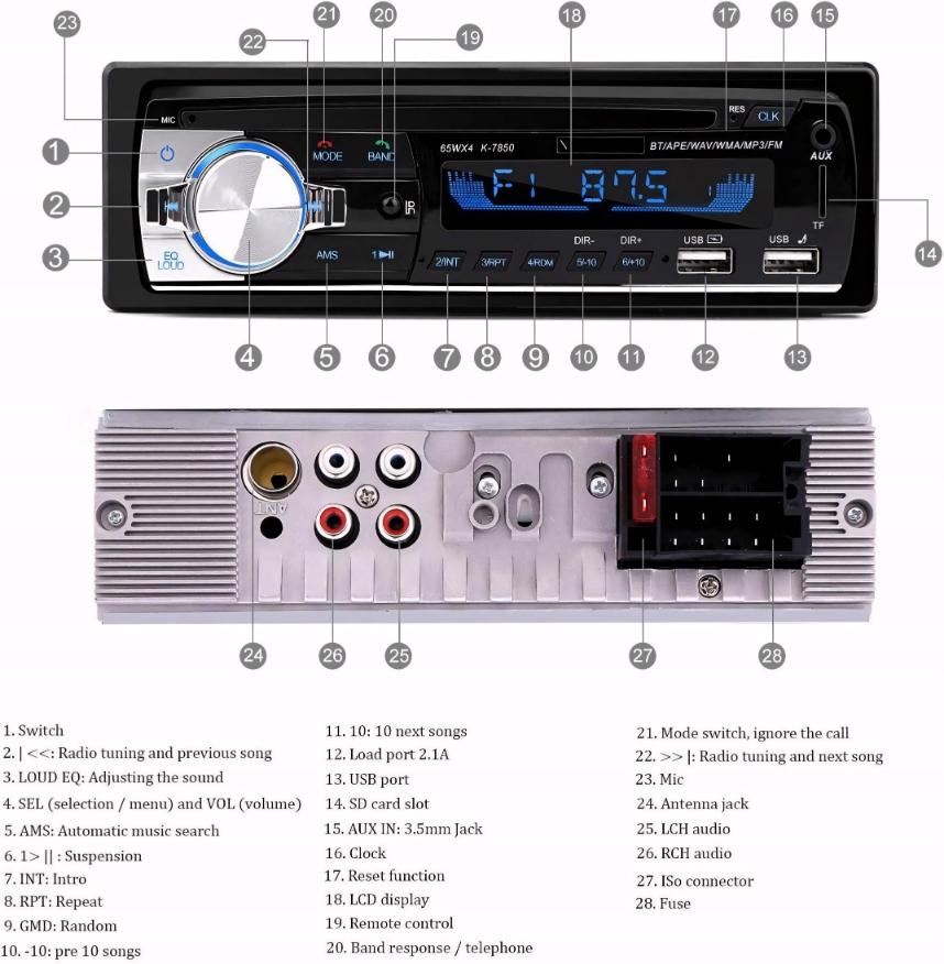 Radio Samochodowe 2x USB Bluetooth AUX SD MP3 Pilot 1-DIN Mikrofon RDS BT Radio informacja RDS pasmo FM